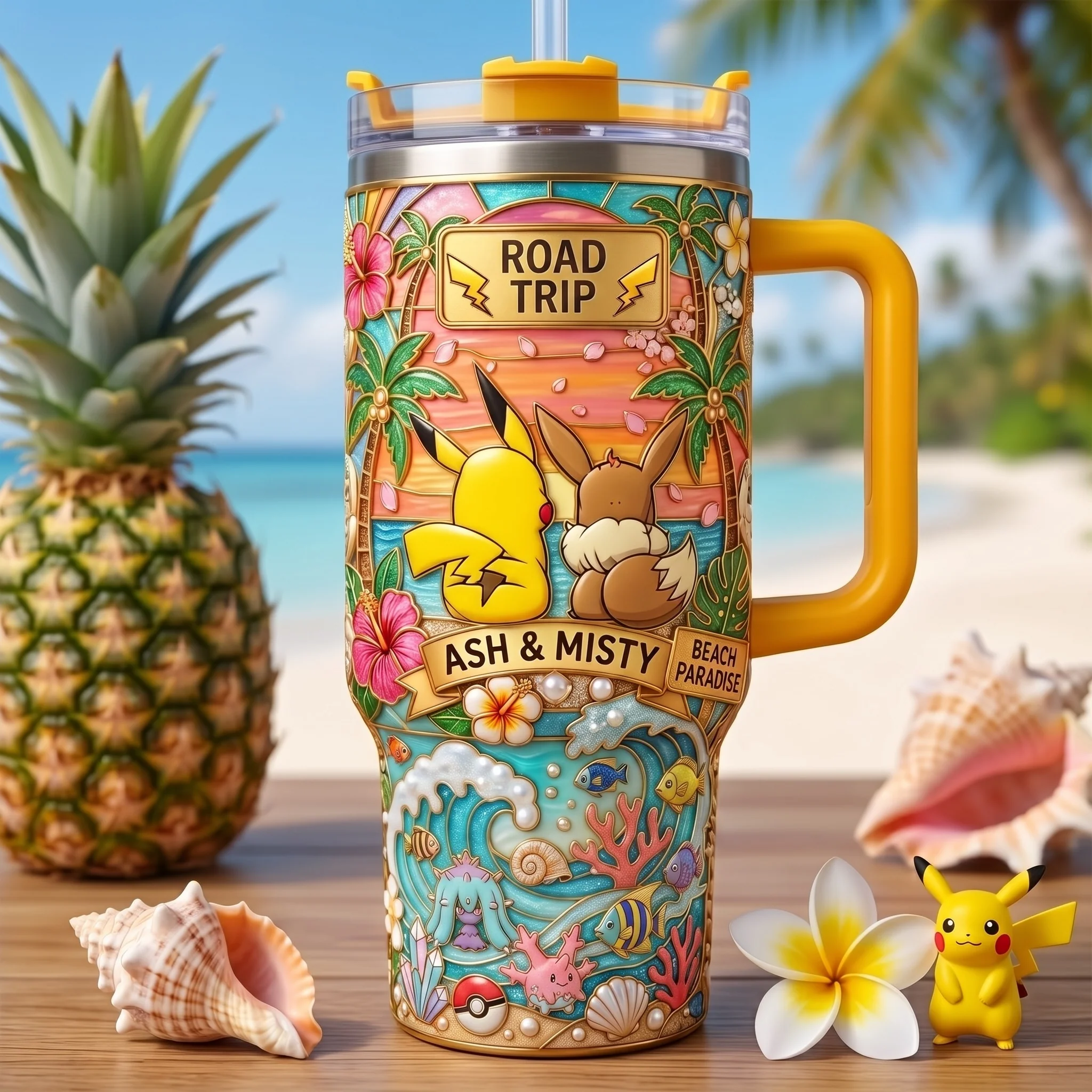 PoMo Couple Pocket Monsters Road Summer Trip - Personalized Tumbler - Gift For Couple - Image 3