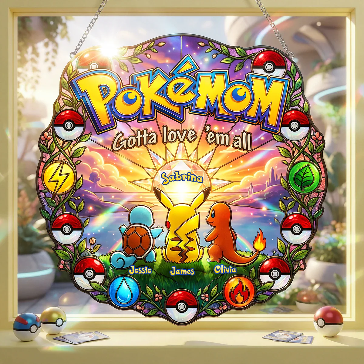 PoMo Gotta Catching Them All - Personalized Window Hanging Suncatcher - Gift For Mom, Movie Fans
