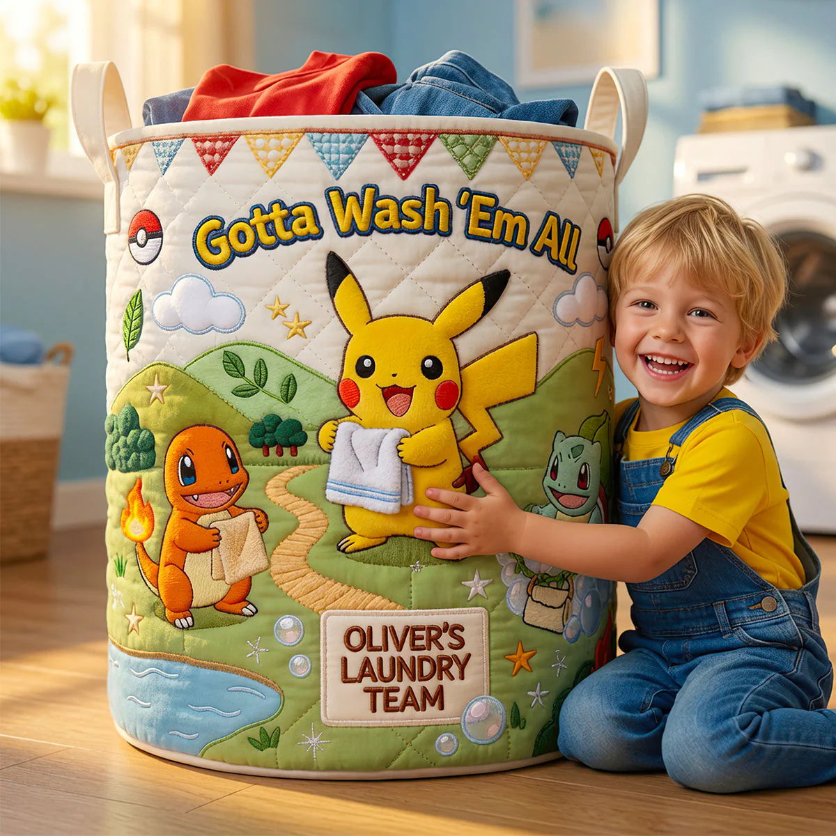PoMo Gotta Wash 'Em All - Personalized Quilted Laundry Basket - Gift For Laundry Lovers, Movie Fans