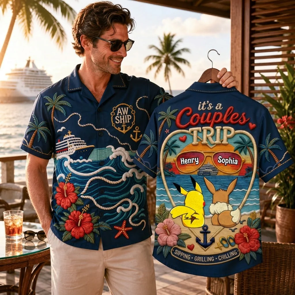 PoMo Pocket Monsters Couple Trip Summer Vacation - Personalized Hawaiian Shirt - Gift For Couple - Image 2