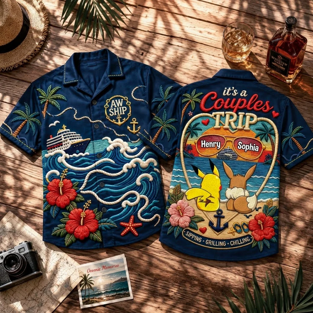 PoMo Pocket Monsters Couple Trip Summer Vacation - Personalized Hawaiian Shirt - Gift For Couple - Image 3