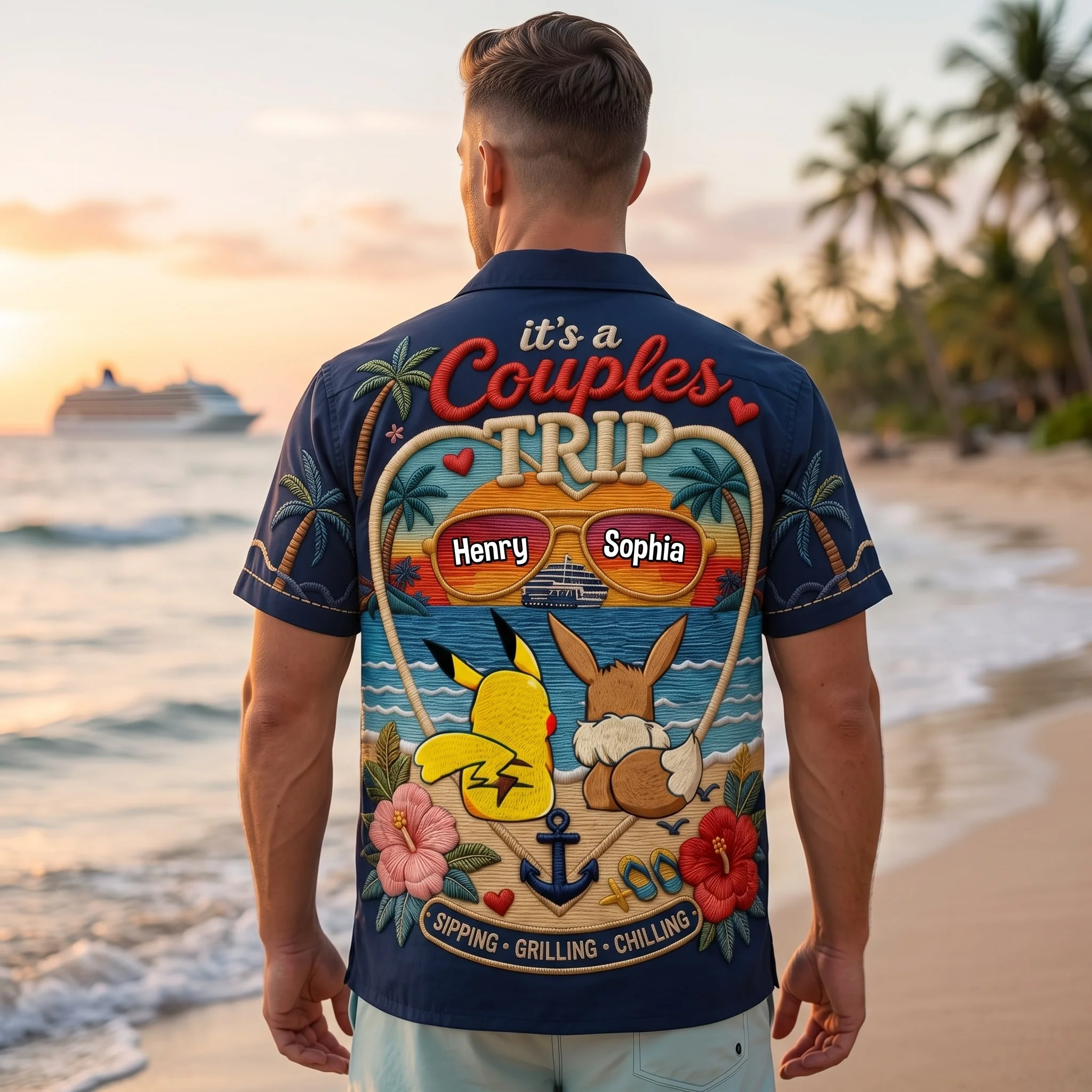 PoMo Pocket Monsters Couple Trip Summer Vacation - Personalized Hawaiian Shirt - Gift For Couple - Image 4