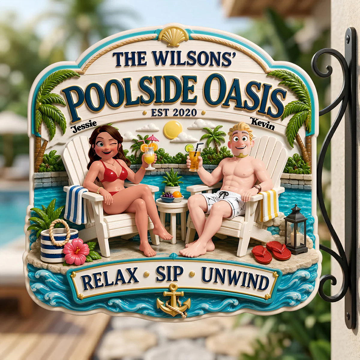Poolside Oasis Relax Sip Unwind Summer - Personalized Shaped Metal Sign - Gift For Couples