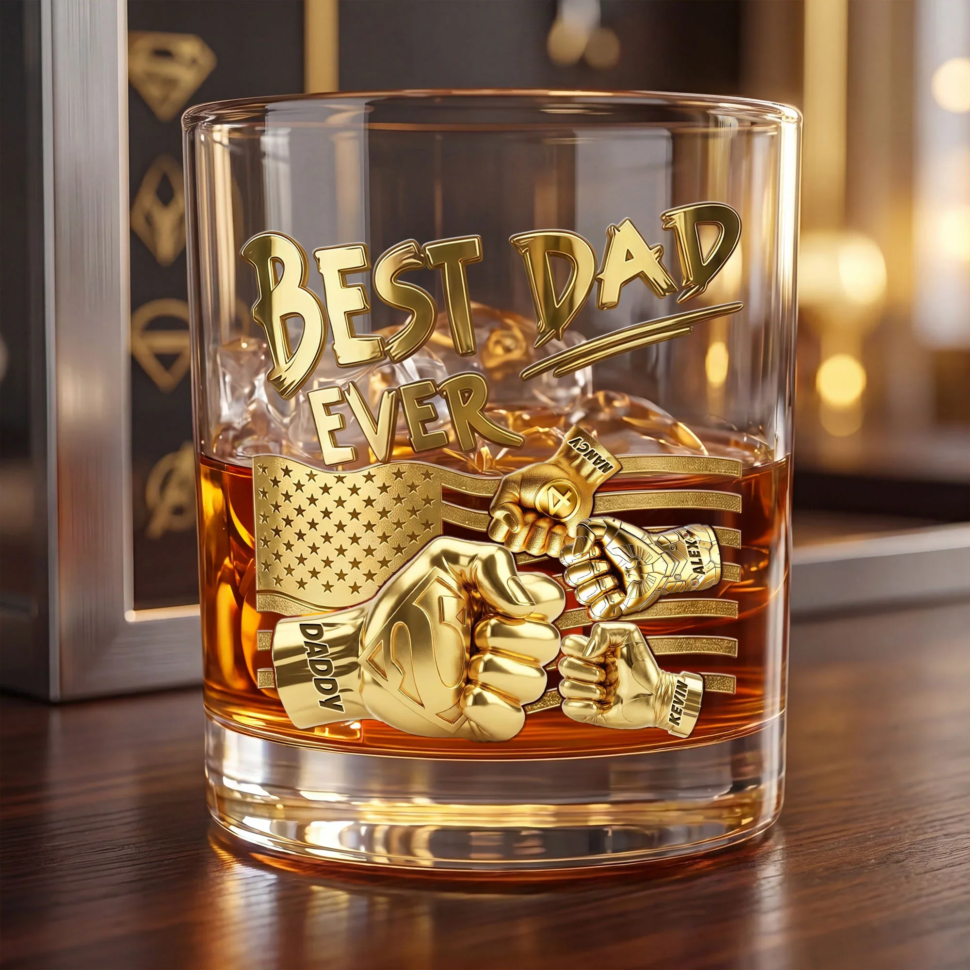 Power Fist Best Dad Ever - Personalized Whiskey Glass - Gift For Dad