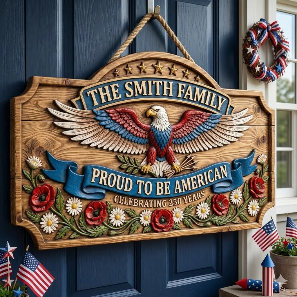 Proud American Eagle Custom Wood Sign - Personalized America 250th Anniversary Gifts For Mom, Dad