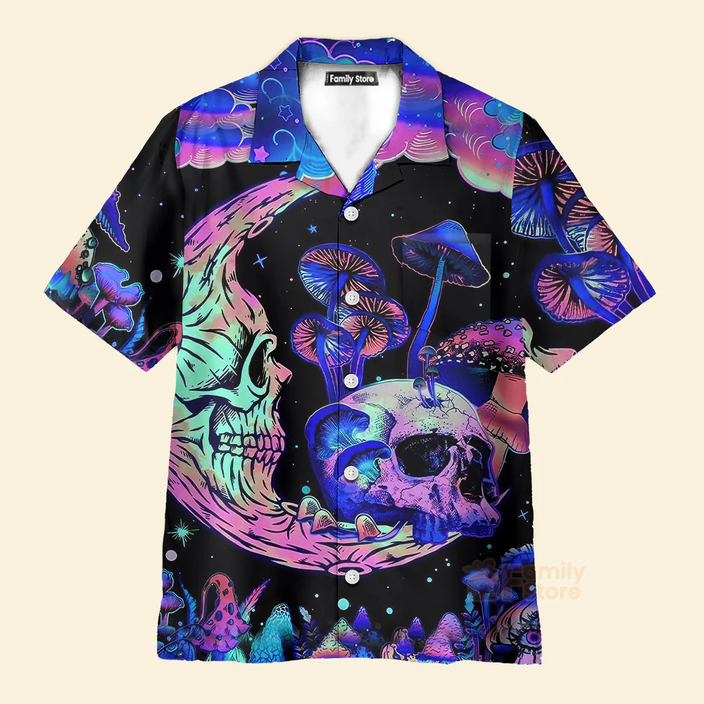 Psychedelic Hippie Moon Skull And Mutated Mushroom Hawaiian Shirt - Image 2