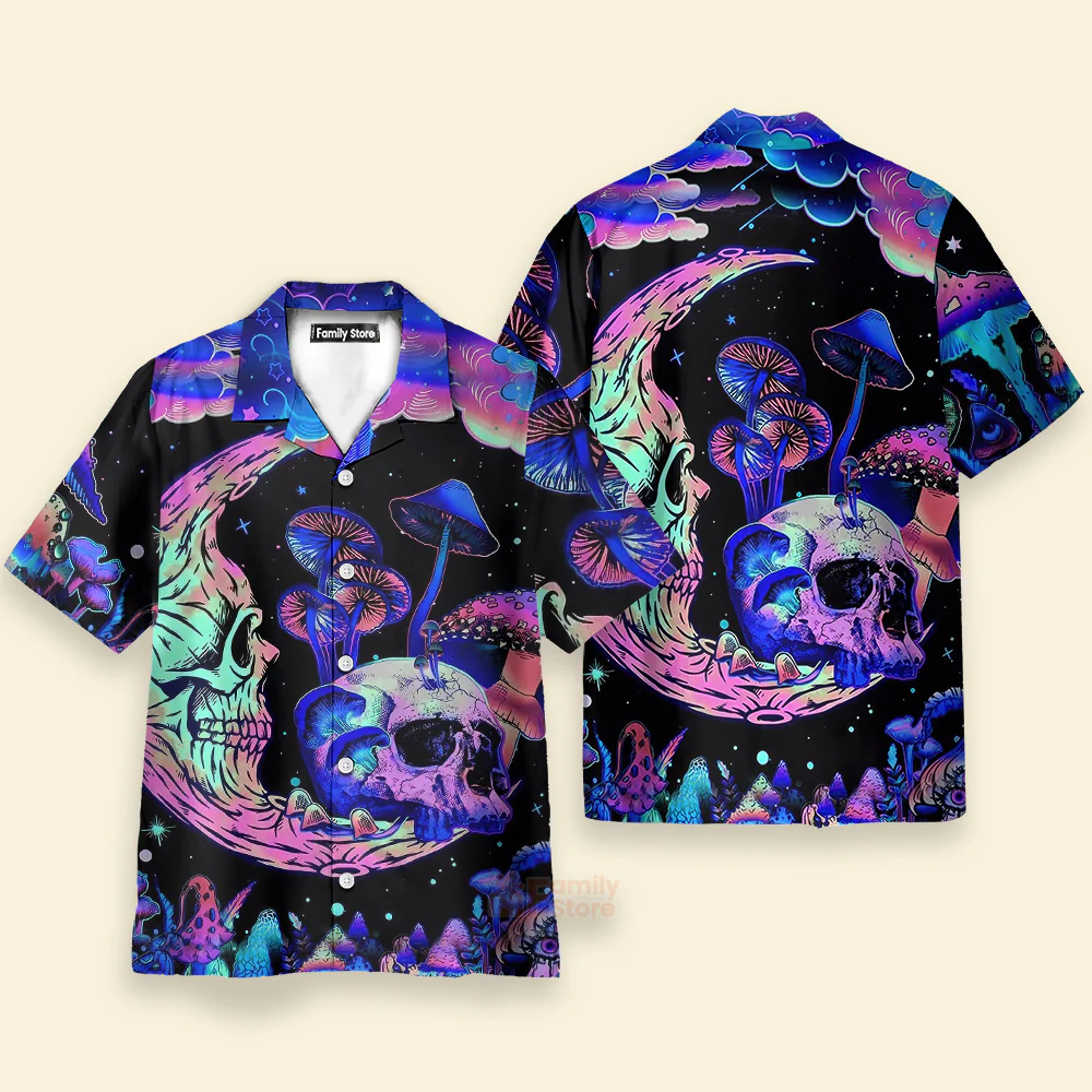 Psychedelic Hippie Moon Skull And Mutated Mushroom Hawaiian Shirt - Image 3