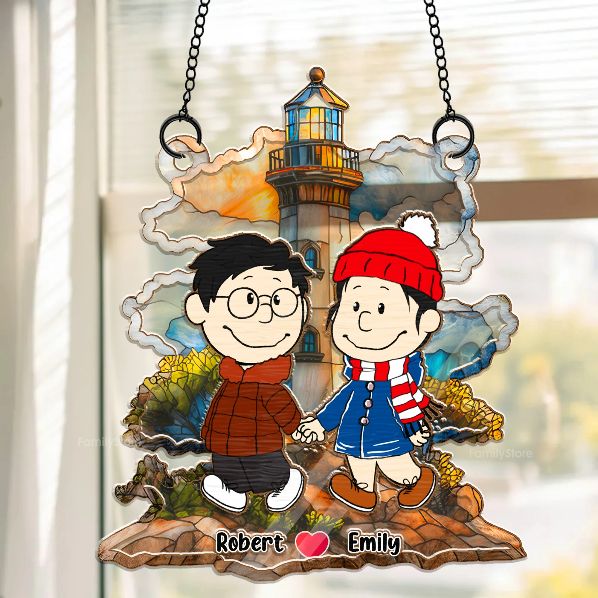 PT Couple Peanut Walk Together on Sunset Lighthouse - Window Hanging Window Hanging Suncatcher Ornament | CL43
