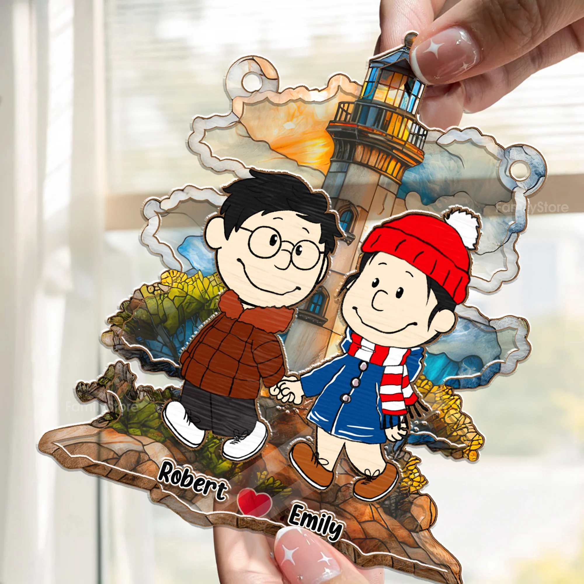 PT Couple Peanut Walk Together on Sunset Lighthouse - Window Hanging Window Hanging Suncatcher Ornament | CL43 - Image 2