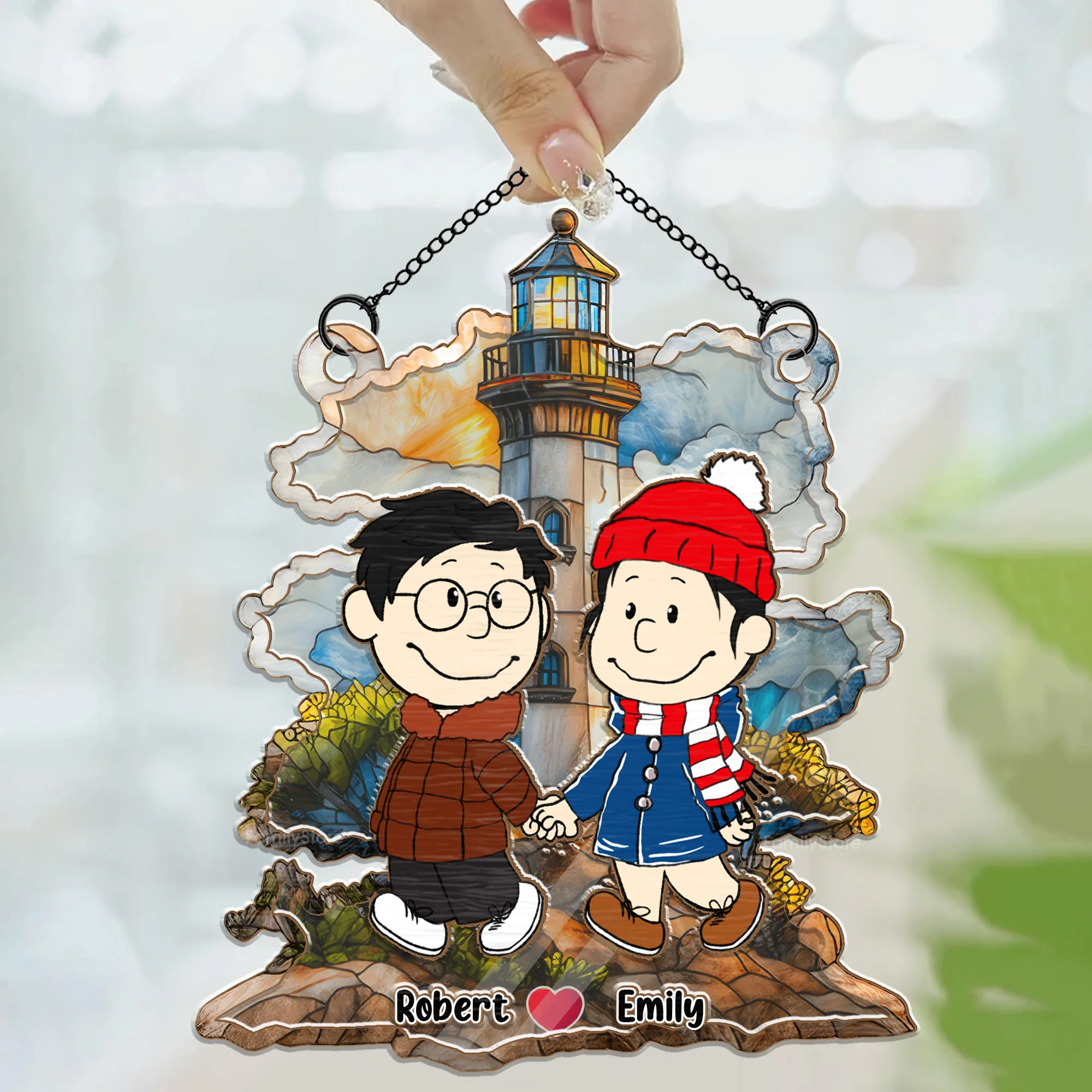 PT Couple Peanut Walk Together on Sunset Lighthouse - Window Hanging Window Hanging Suncatcher Ornament | CL43 - Image 3