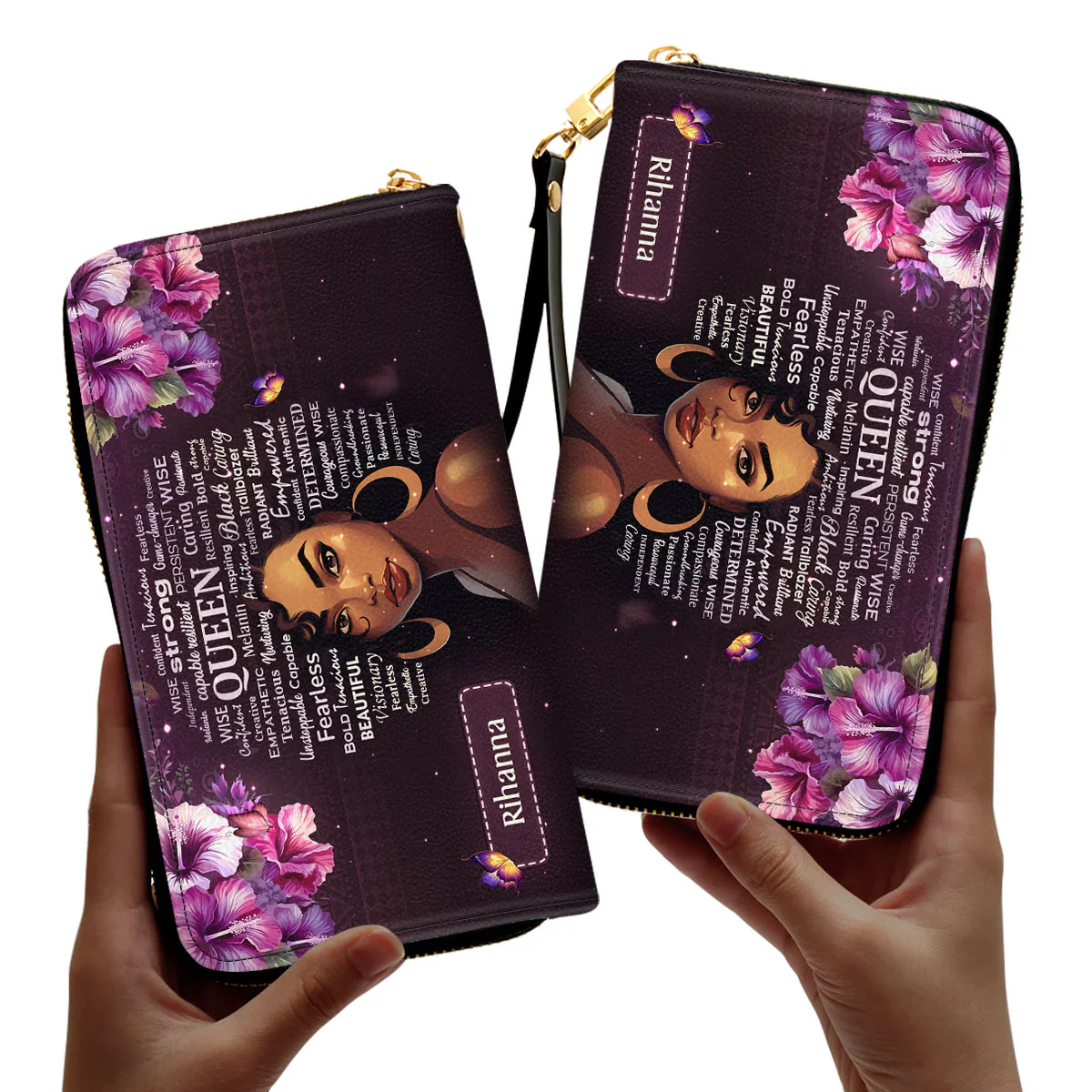 Purple Floral Black Queen with Words of Strength - Personalized Leather Clutch Purse - Gift For Black Women - Image 2