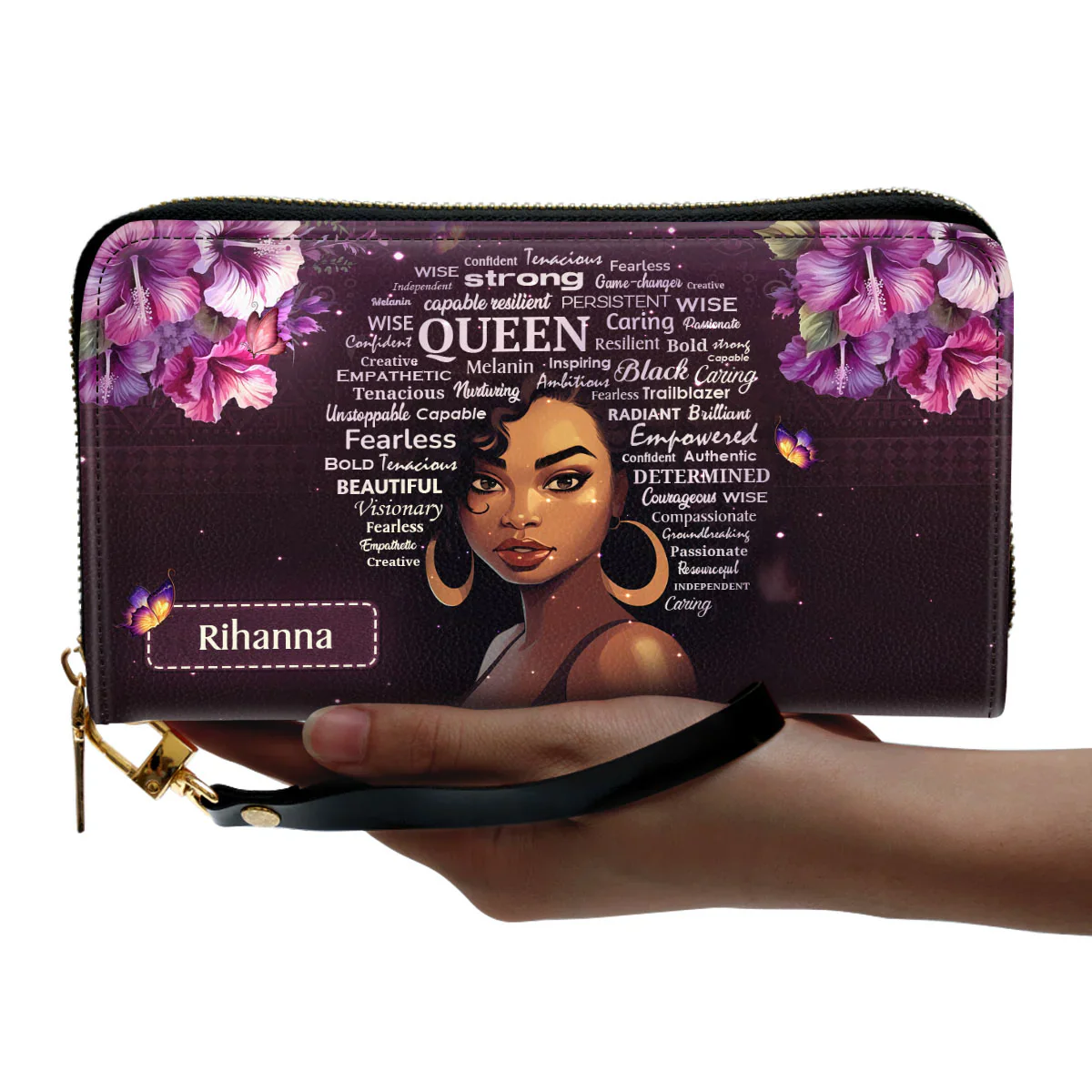 Purple Floral Black Queen with Words of Strength - Personalized Leather Clutch Purse - Gift For Black Women - Image 3