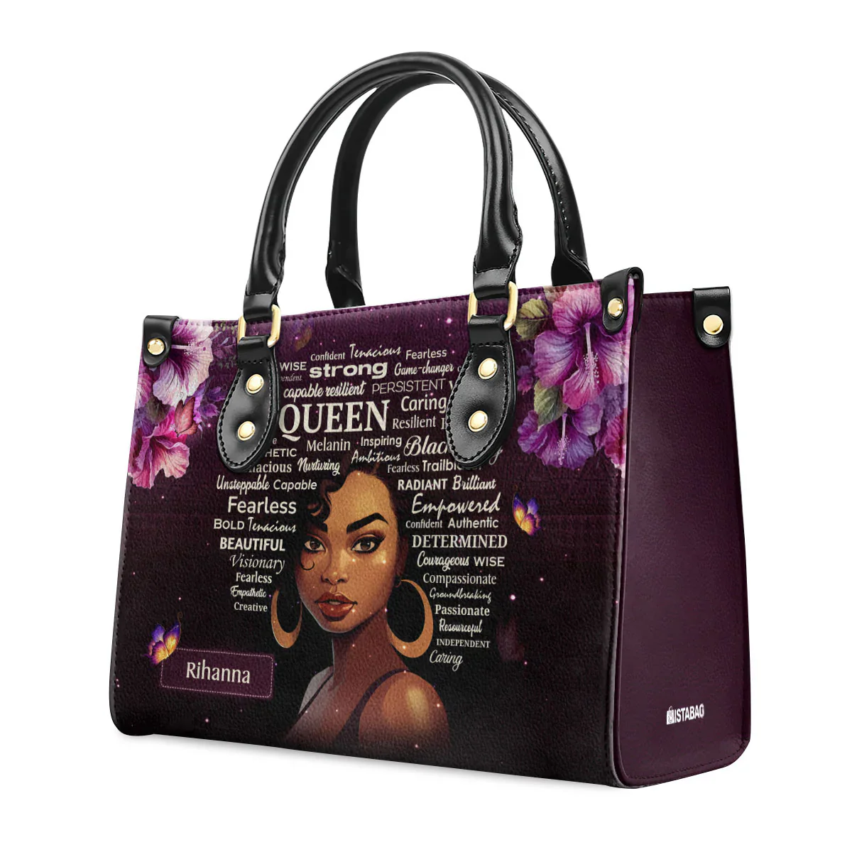 Purple Floral Black Queen with Words of Strength - Personalized Leather Handbag -  Gift For Black Women | HD95 - Image 2