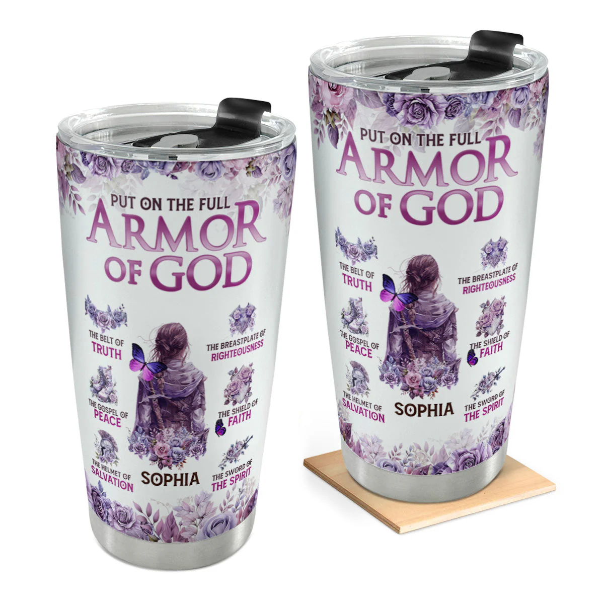 Put on the Full Armor of God & Floral - Personalized Stainless Steel Tumbler - Gift For Her HN02