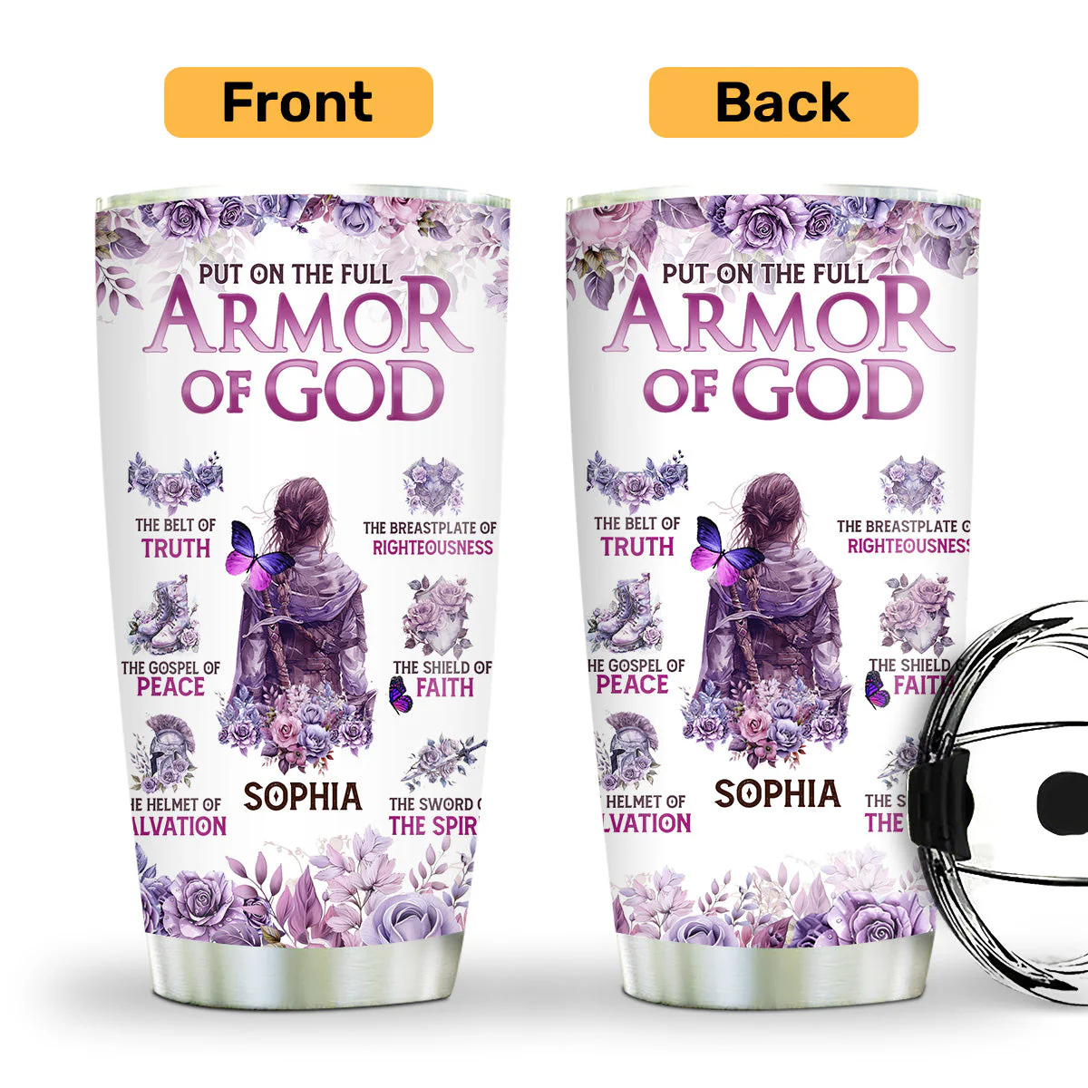 Put on the Full Armor of God & Floral - Personalized Stainless Steel Tumbler - Gift For Her HN02 - Image 2