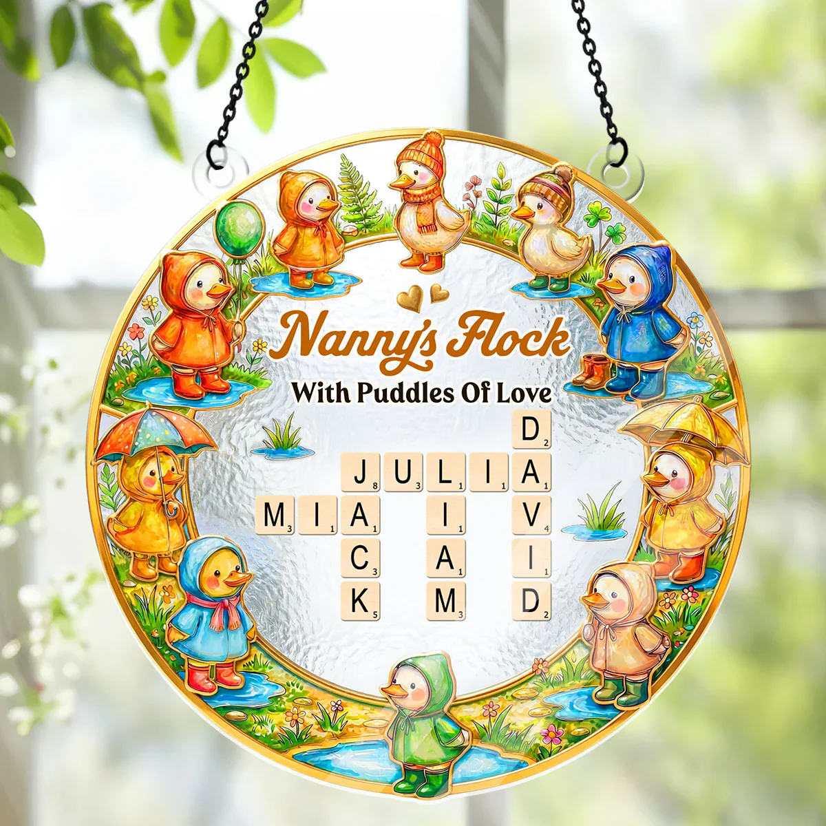Raincoat Family Flock Crossword - Personalized Window Hanging Acrylic Suncatcher - Gift For Mom, Grandma