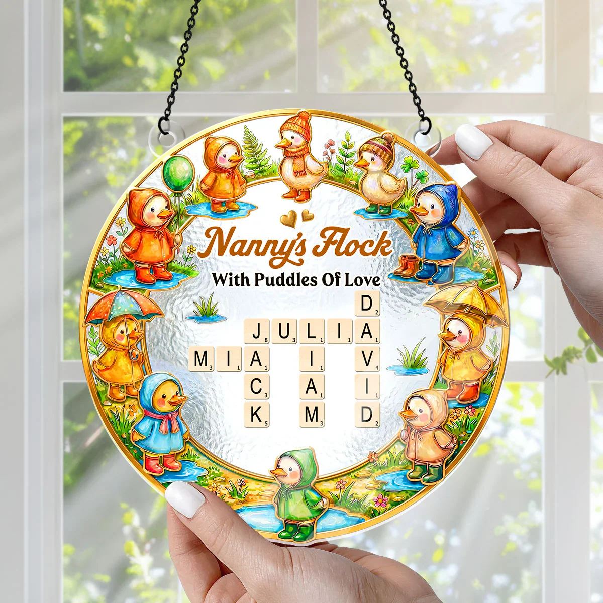Raincoat Family Flock Crossword - Personalized Window Hanging Acrylic Suncatcher - Gift For Mom, Grandma - Image 2
