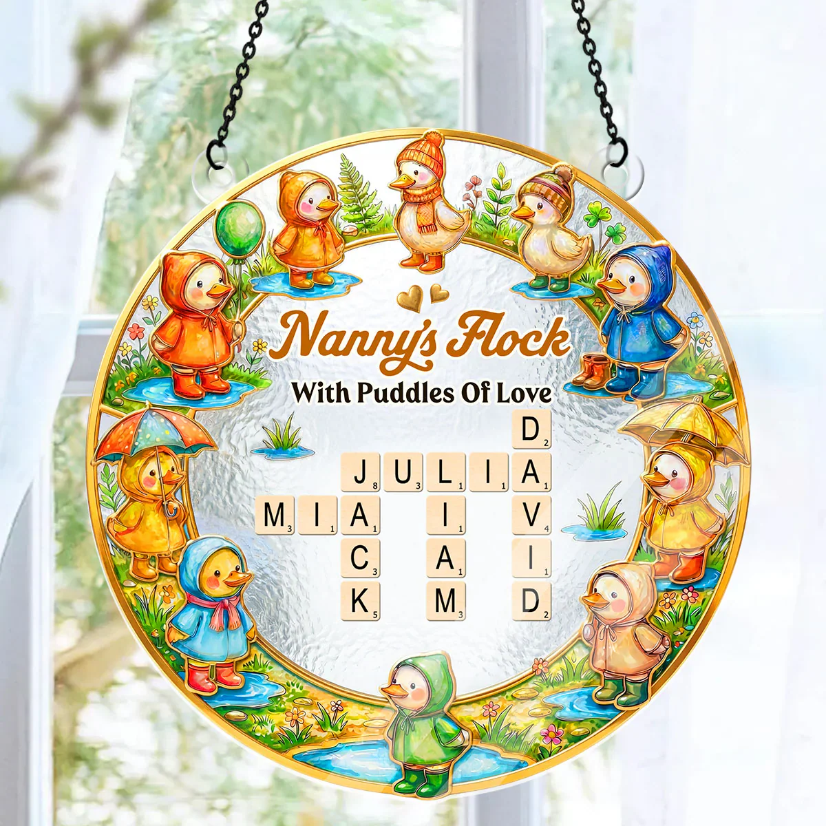 Raincoat Family Flock Crossword - Personalized Window Hanging Acrylic Suncatcher - Gift For Mom, Grandma - Image 3