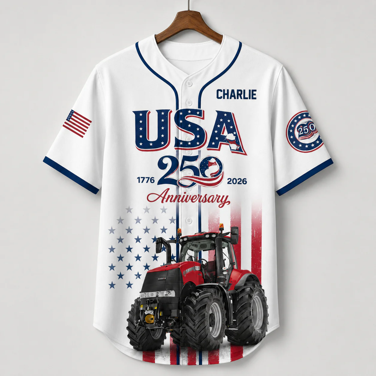 Red Farm Tractor USA 250th Anniversary - Personalized Baseball Jersey - Patriotic Gift For Farmer - Image 6