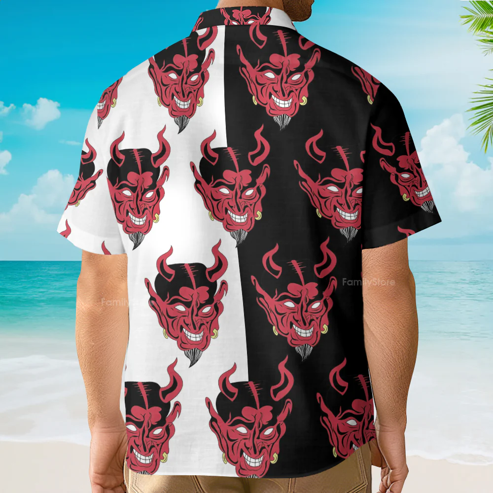 Red Oni Japan Mask Devil Aloha Hawaiian Shirts For Men & Women - Image 2
