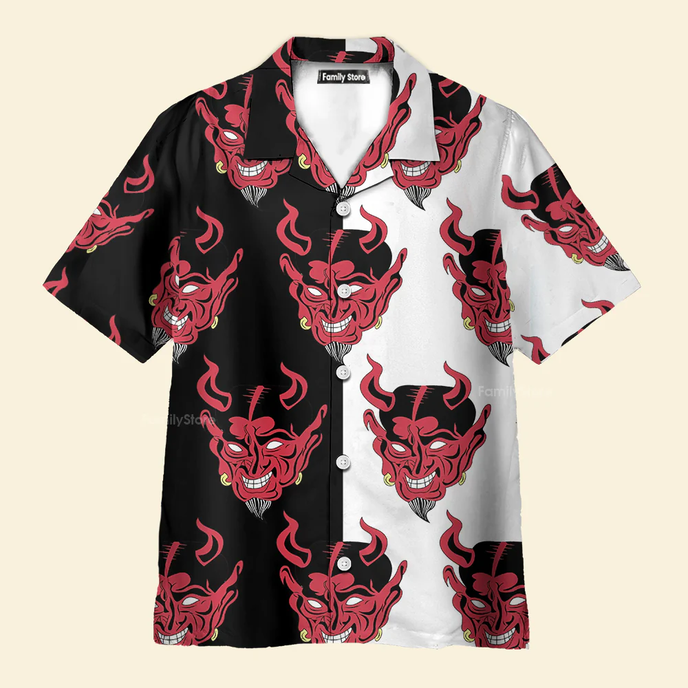 Red Oni Japan Mask Devil Aloha Hawaiian Shirts For Men & Women - Image 3