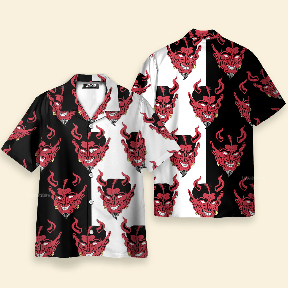 Red Oni Japan Mask Devil Aloha Hawaiian Shirts For Men & Women - Image 4