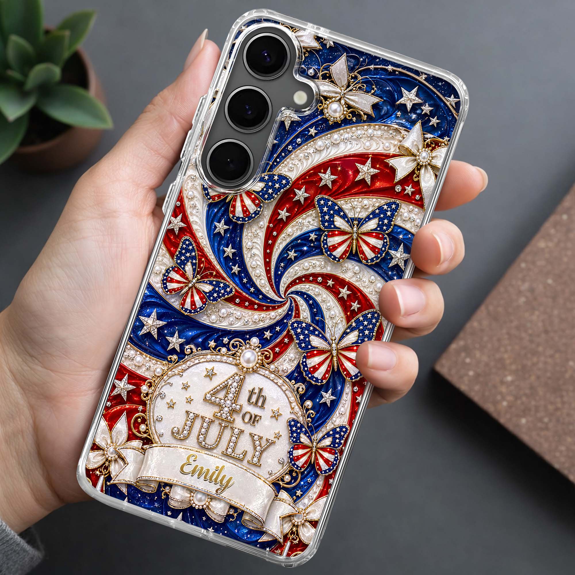 Red White Blue 4th Of July USA Butterfly - Personalized Bling Phone Case - Gift For Patriots - Image 3
