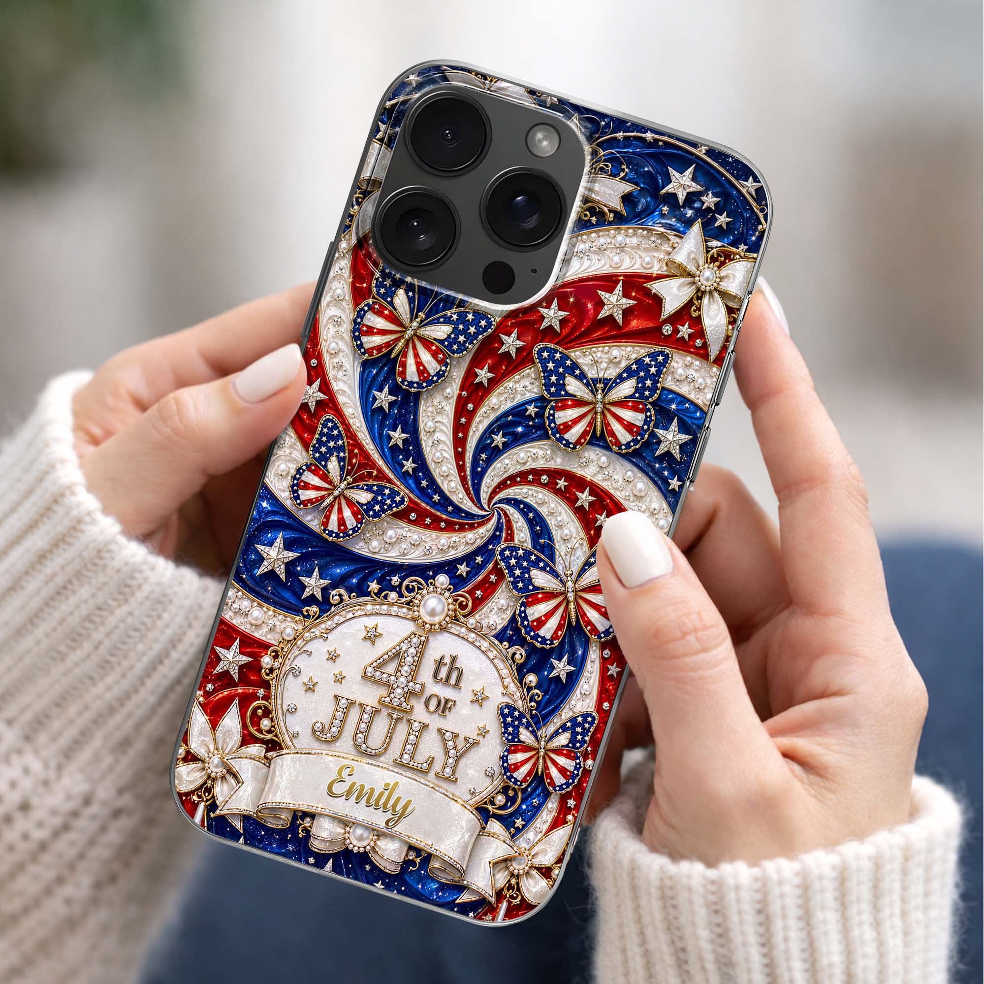 Red White Blue 4th Of July USA Butterfly - Personalized Bling Phone Case - Gift For Patriots - Image 5