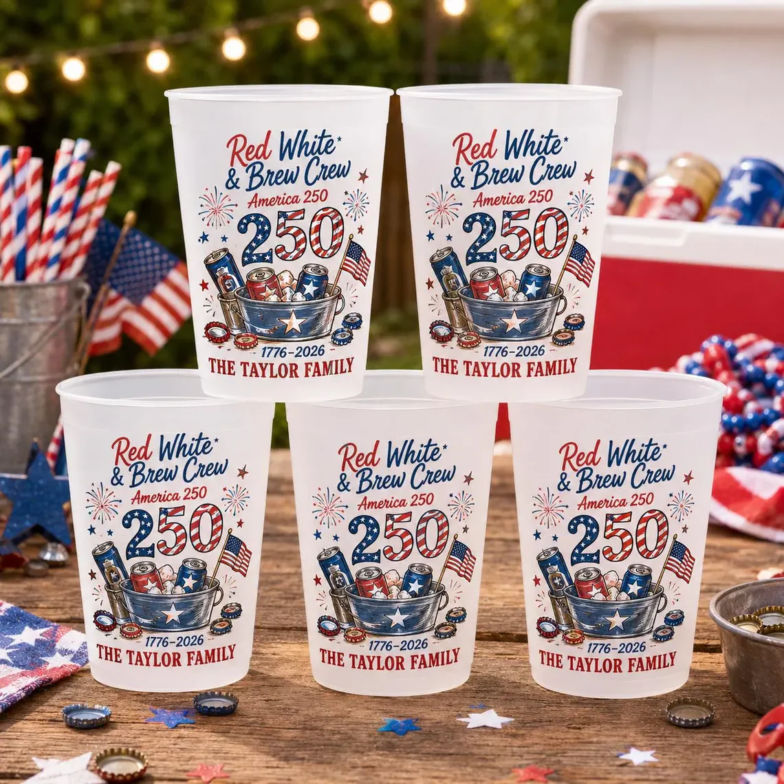 Red White & Brew Crew America 250 Celebration BBQ Party Fireworks - Personalized Cups - Gifts For Patriotic Family