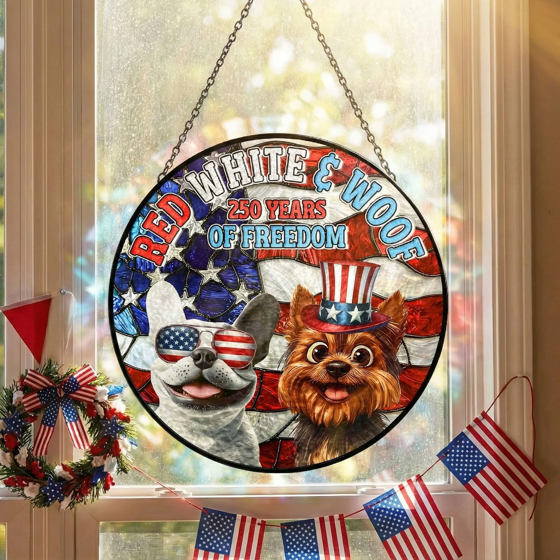Red White & Woof - Personalized Stained Glass Window Hanging Suncatcher - Patriotic Gift For Family, Pet Lovers | CLP15.Ver7 HN02