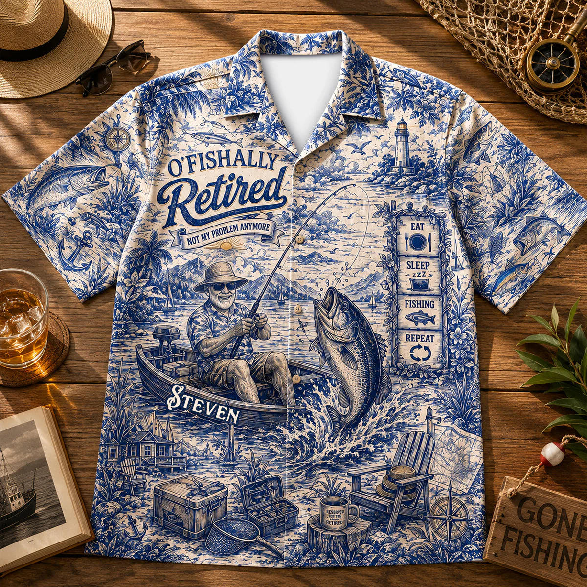 Toile De Jouy Retired Fishing Not My Problem Anymore - Personalized Hawaiian Shirt - Gift For Fisher, For Men
