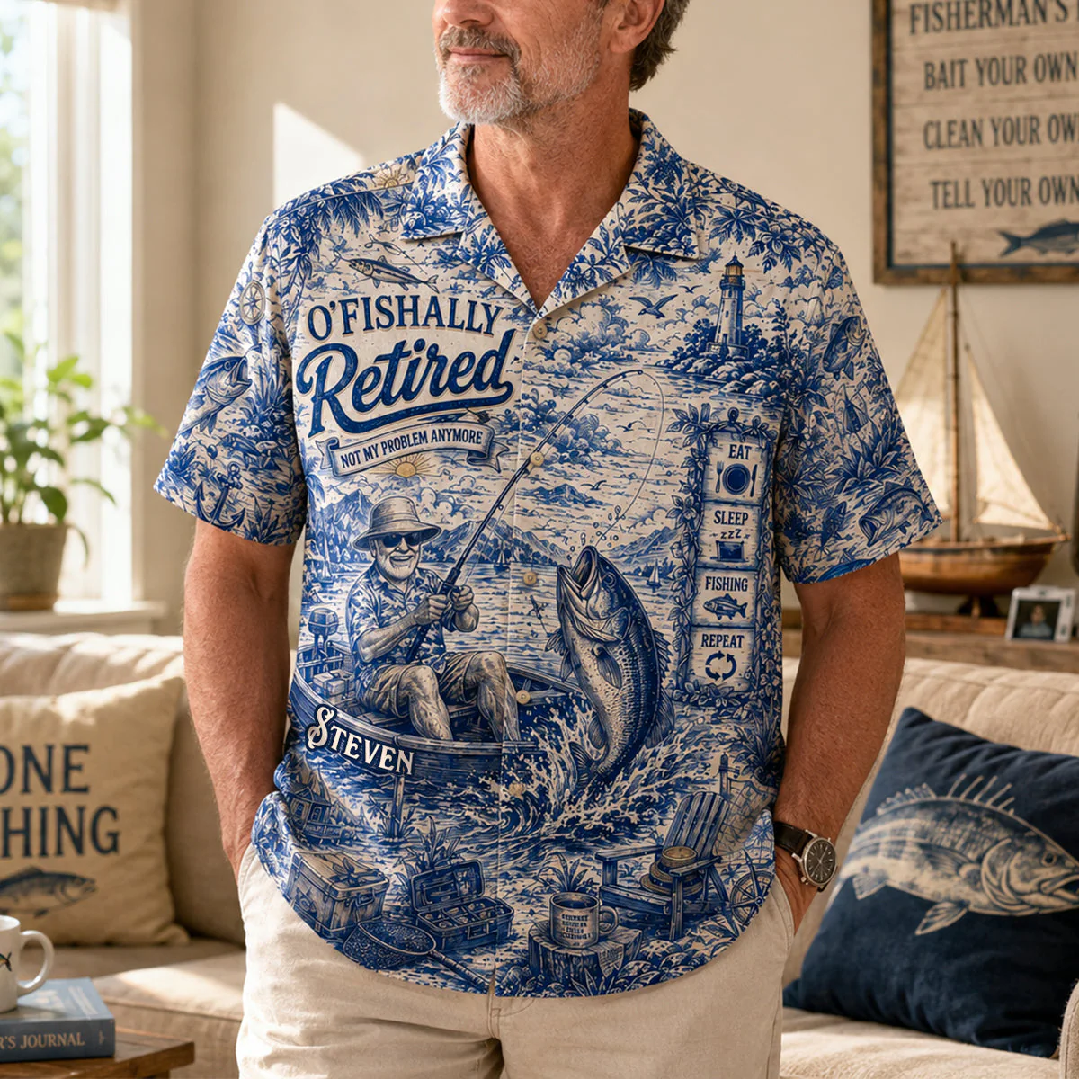 Toile De Jouy Retired Fishing Not My Problem Anymore - Personalized Hawaiian Shirt - Gift For Fisher, For Men - Image 3