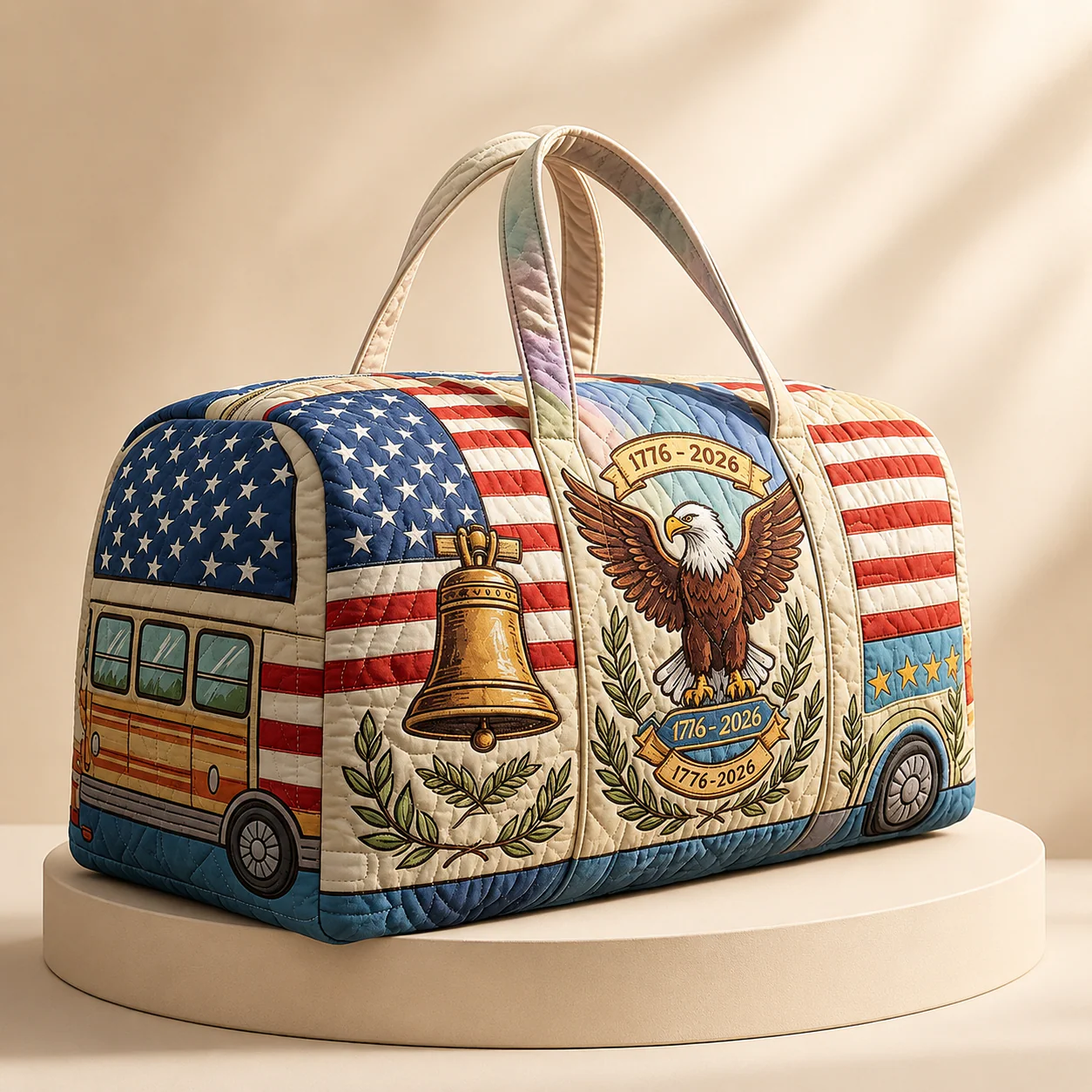 Retro Bus With American Flag 250th Anniversary - Traveling Quilted Duffle Bag - Gift For Patriots