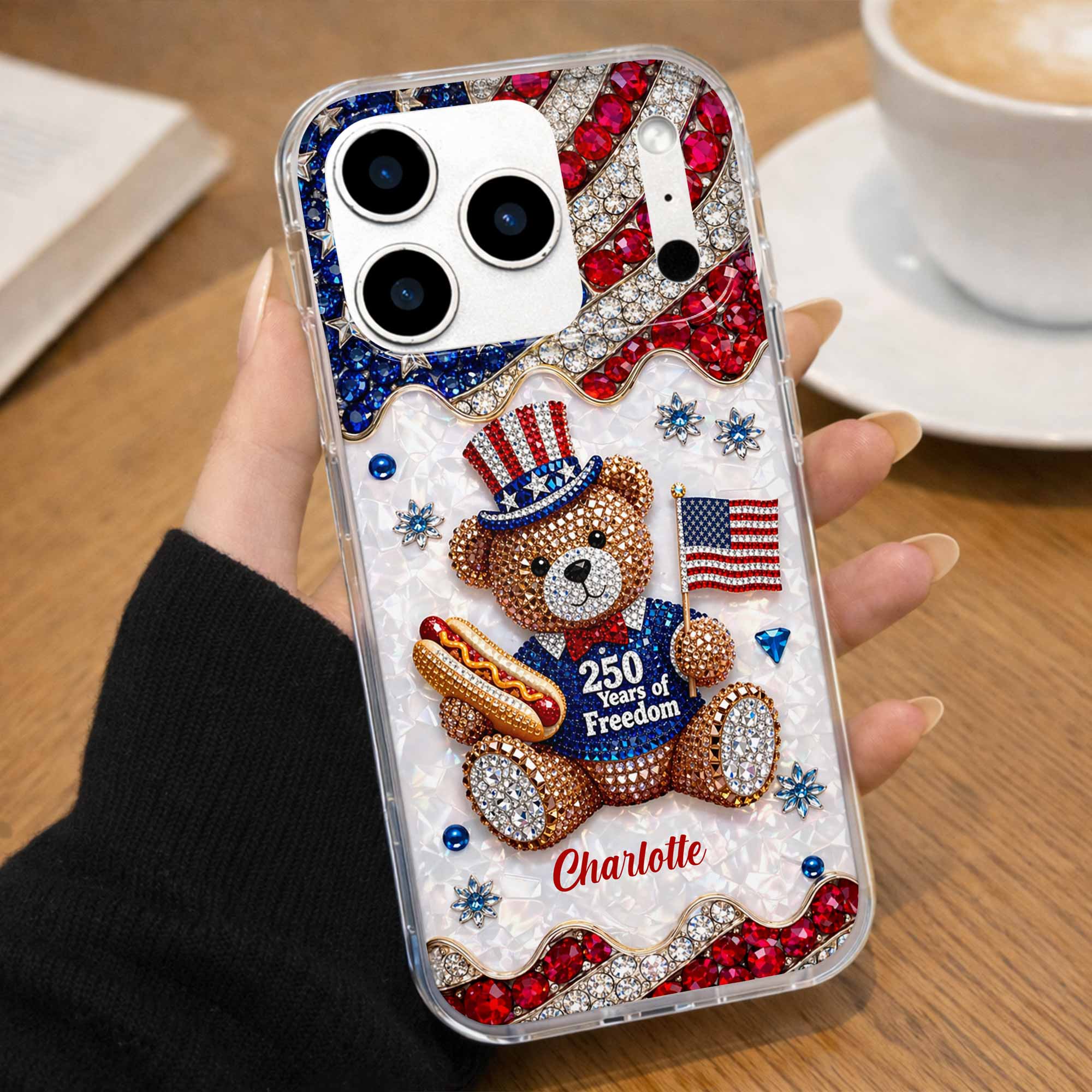 Rhinestone 250 Years of Freedom American Flag Cute Patriotic Teddy Bear - Personalized Bling Phone Case - Gift For Patriots - Image 11