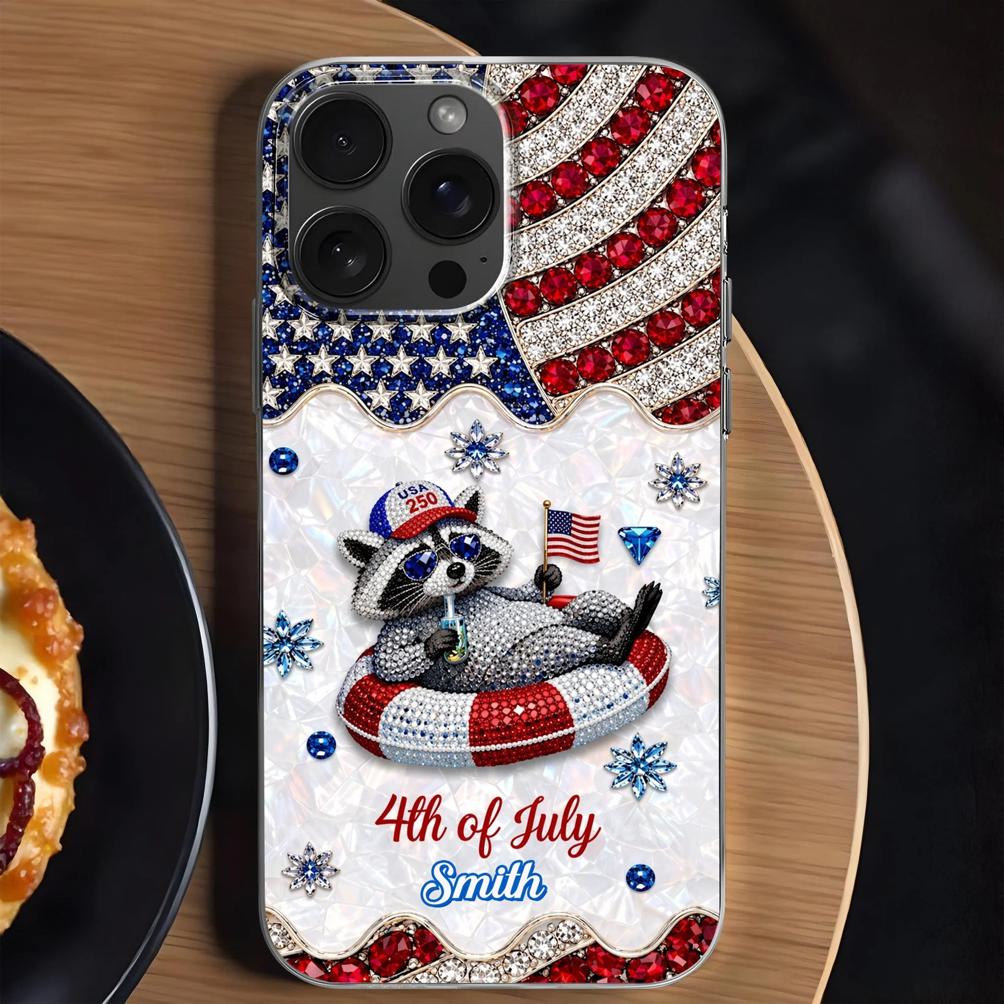 Rhinestone American Flag 4th Of July Cute Patriotic Raccoon - Personalized Bling Phone Case - Gift For Patriots
