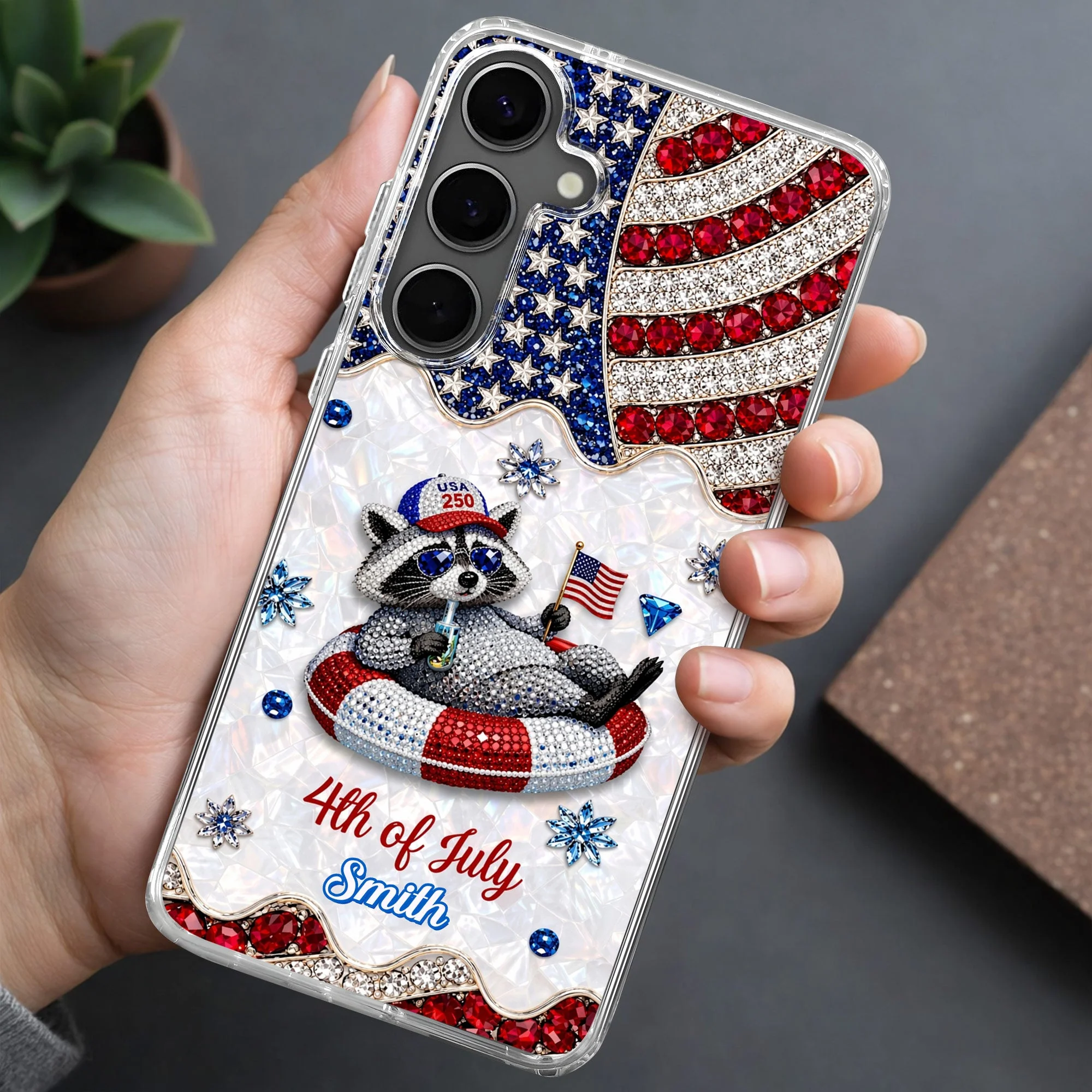 Rhinestone American Flag 4th Of July Cute Patriotic Raccoon - Personalized Bling Phone Case - Gift For Patriots - Image 3