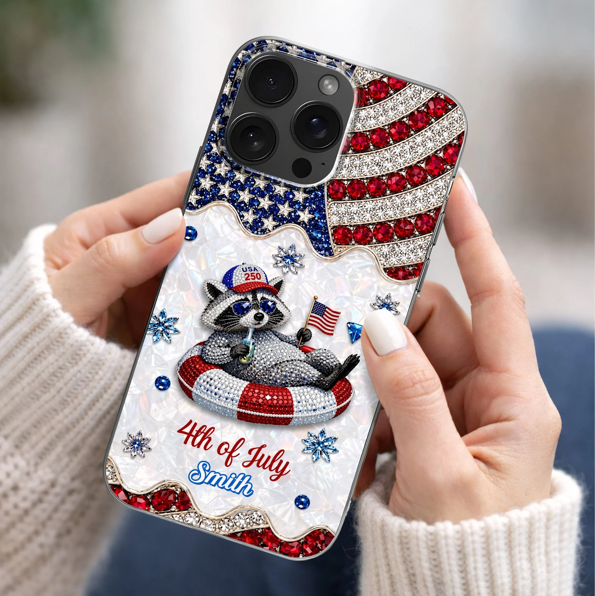Rhinestone American Flag 4th Of July Cute Patriotic Raccoon - Personalized Bling Phone Case - Gift For Patriots - Image 6