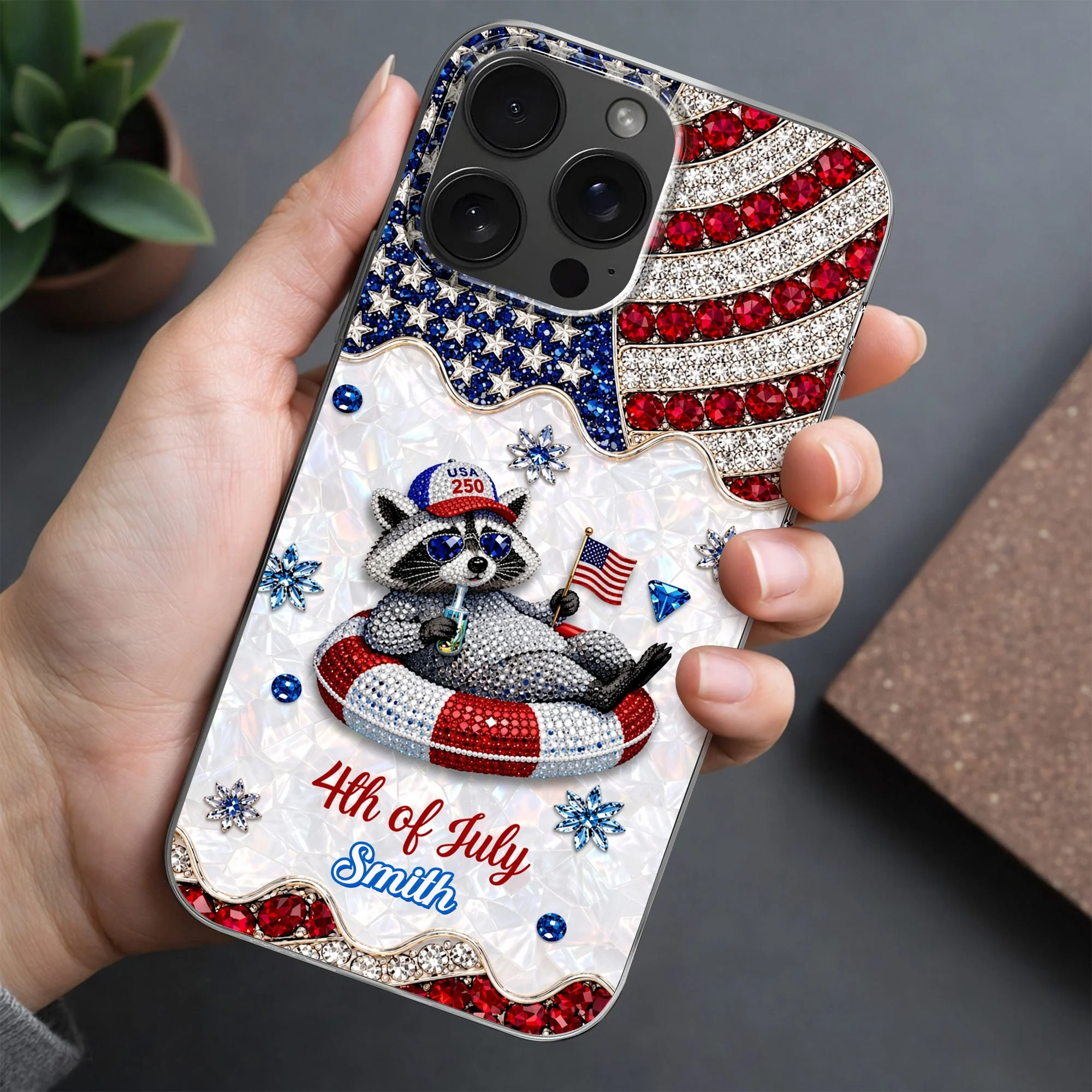 Rhinestone American Flag 4th Of July Cute Patriotic Raccoon - Personalized Bling Phone Case - Gift For Patriots - Image 9
