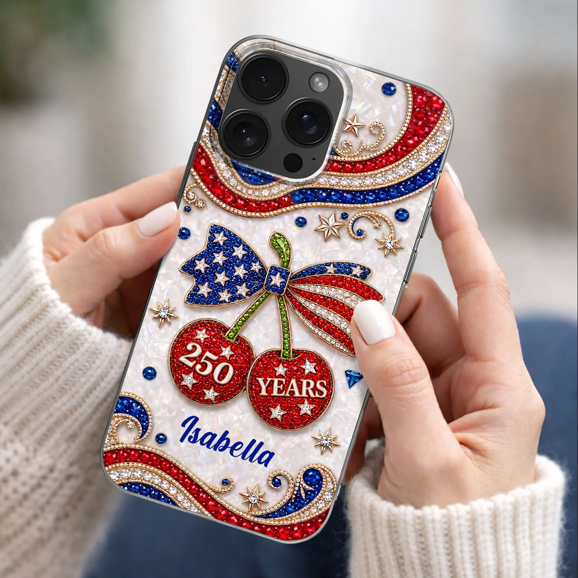 Rhinestone Cute USA 250 Years Liberty And Pride With Jewel Cherries - Personalized Bling Phone Case - Gift For Patriots - Image 4