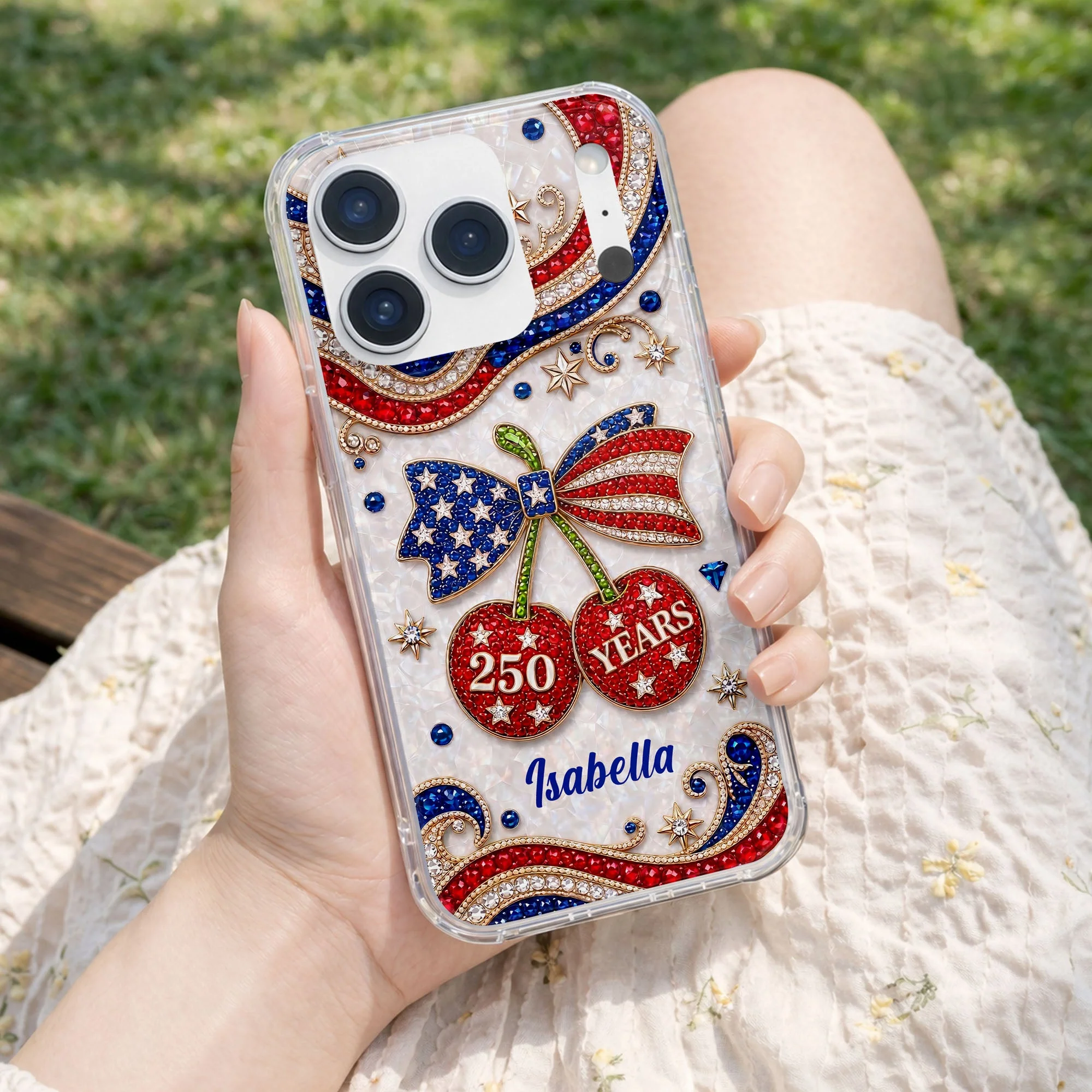Rhinestone Cute USA 250 Years Liberty And Pride With Jewel Cherries - Personalized Bling Phone Case - Gift For Patriots - Image 9