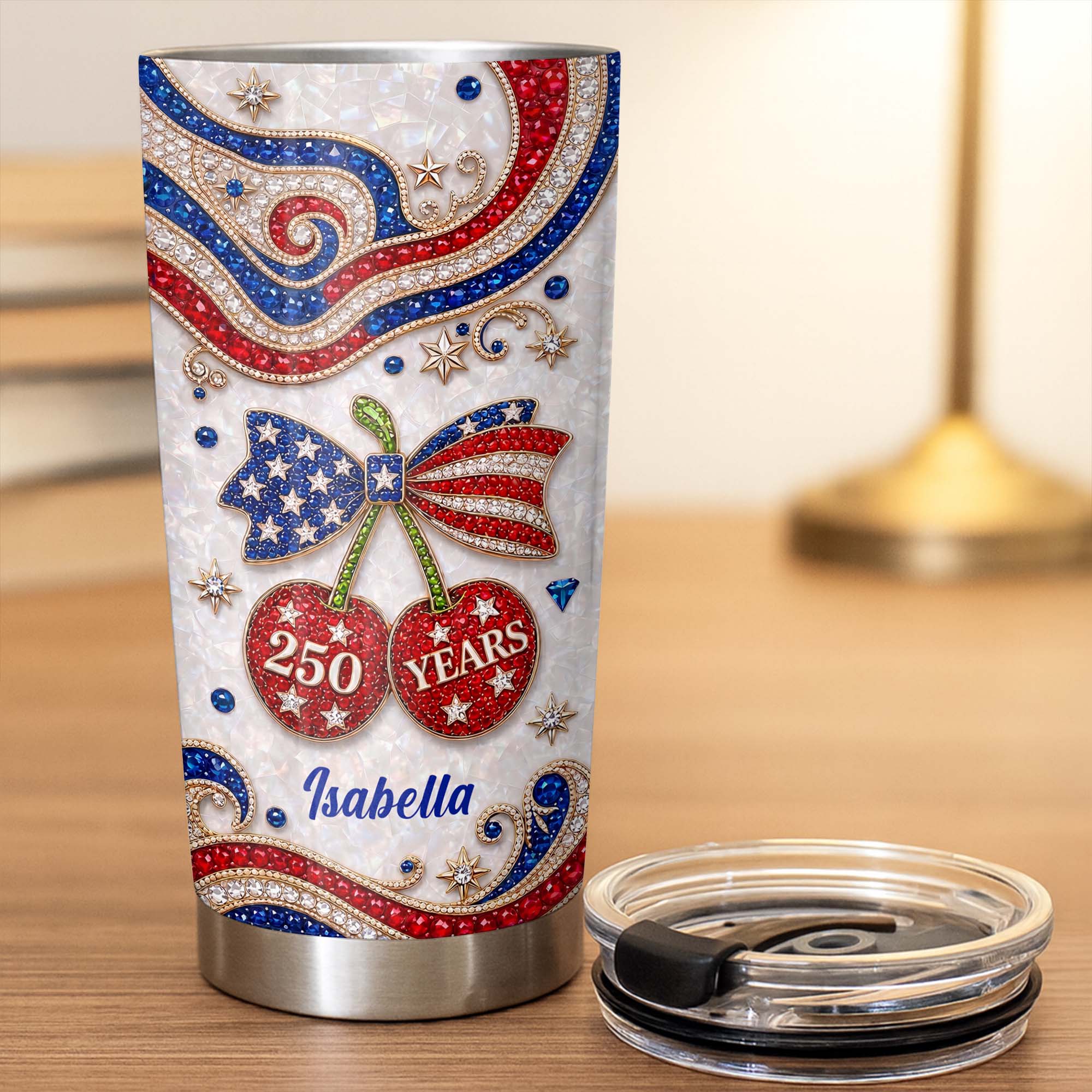 Rhinestone Cute USA 250 Years Liberty And Pride With Jewel Cherries - Personalized Stainless Steel Tumbler - Gift For Patriots - Image 2
