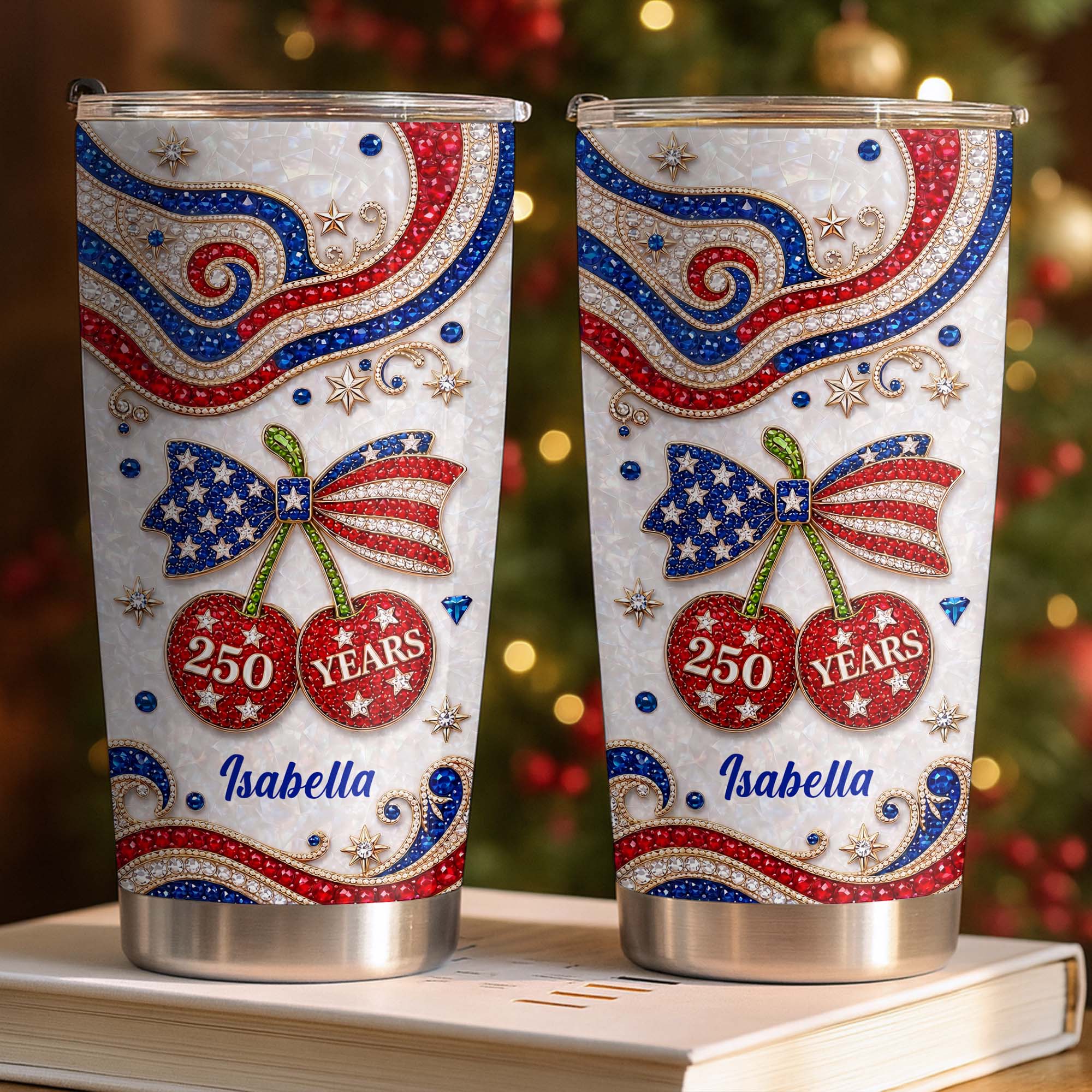 Rhinestone Cute USA 250 Years Liberty And Pride With Jewel Cherries - Personalized Stainless Steel Tumbler - Gift For Patriots - Image 4