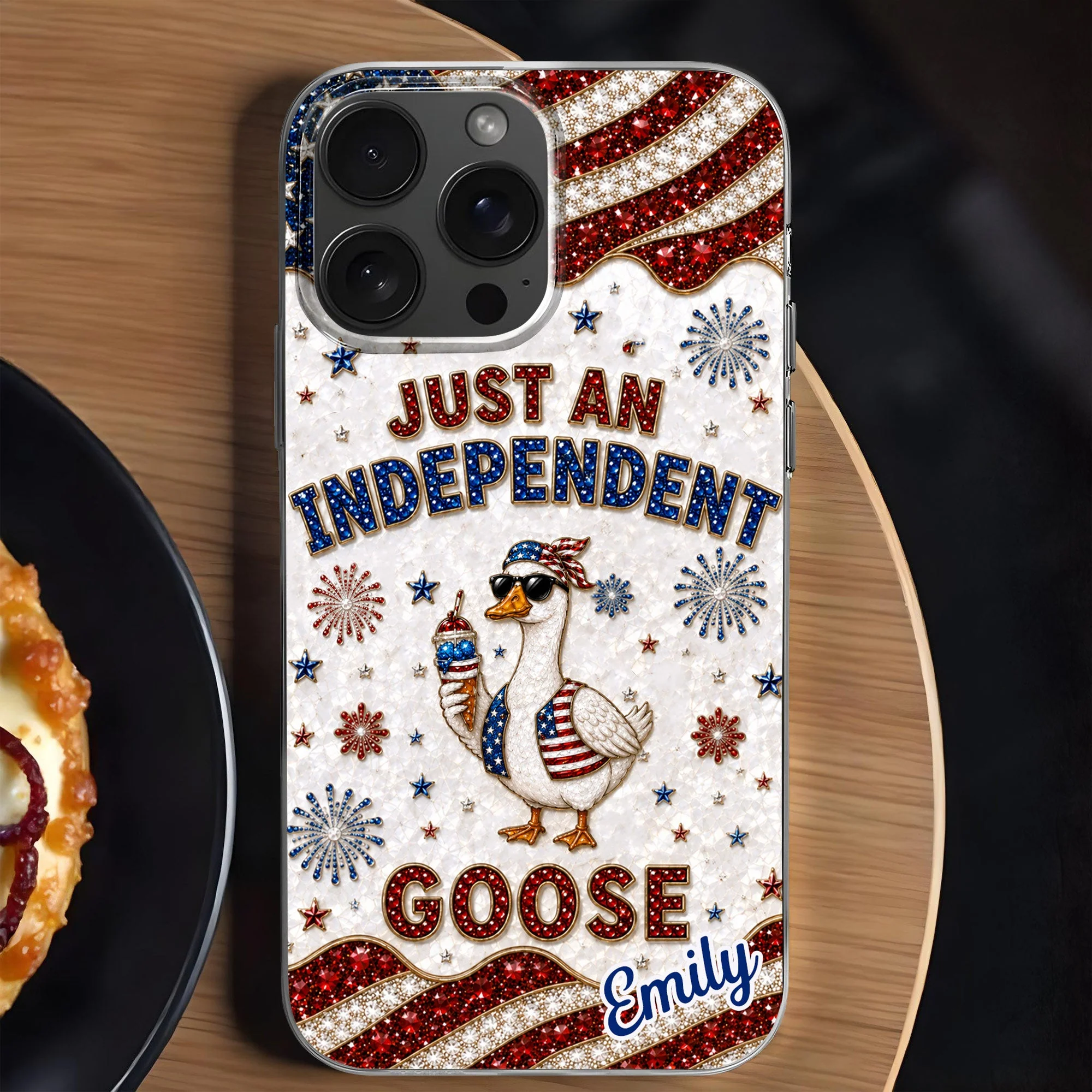 Rhinestone Just An Independent  Cute Patriotic Goose With American Flag And Fireworks - Personalized Bling Phone Case - Gift For Patriots