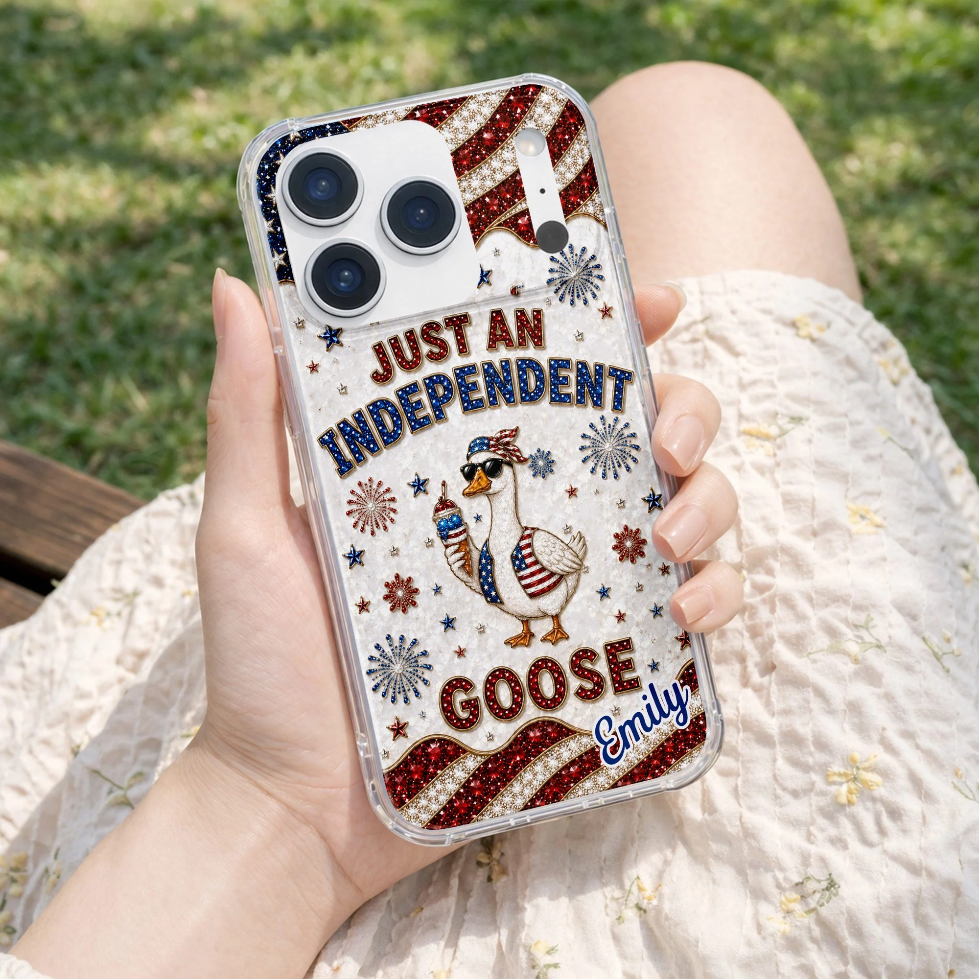 Rhinestone Just An Independent  Cute Patriotic Goose With American Flag And Fireworks - Personalized Bling Phone Case - Gift For Patriots - Image 10