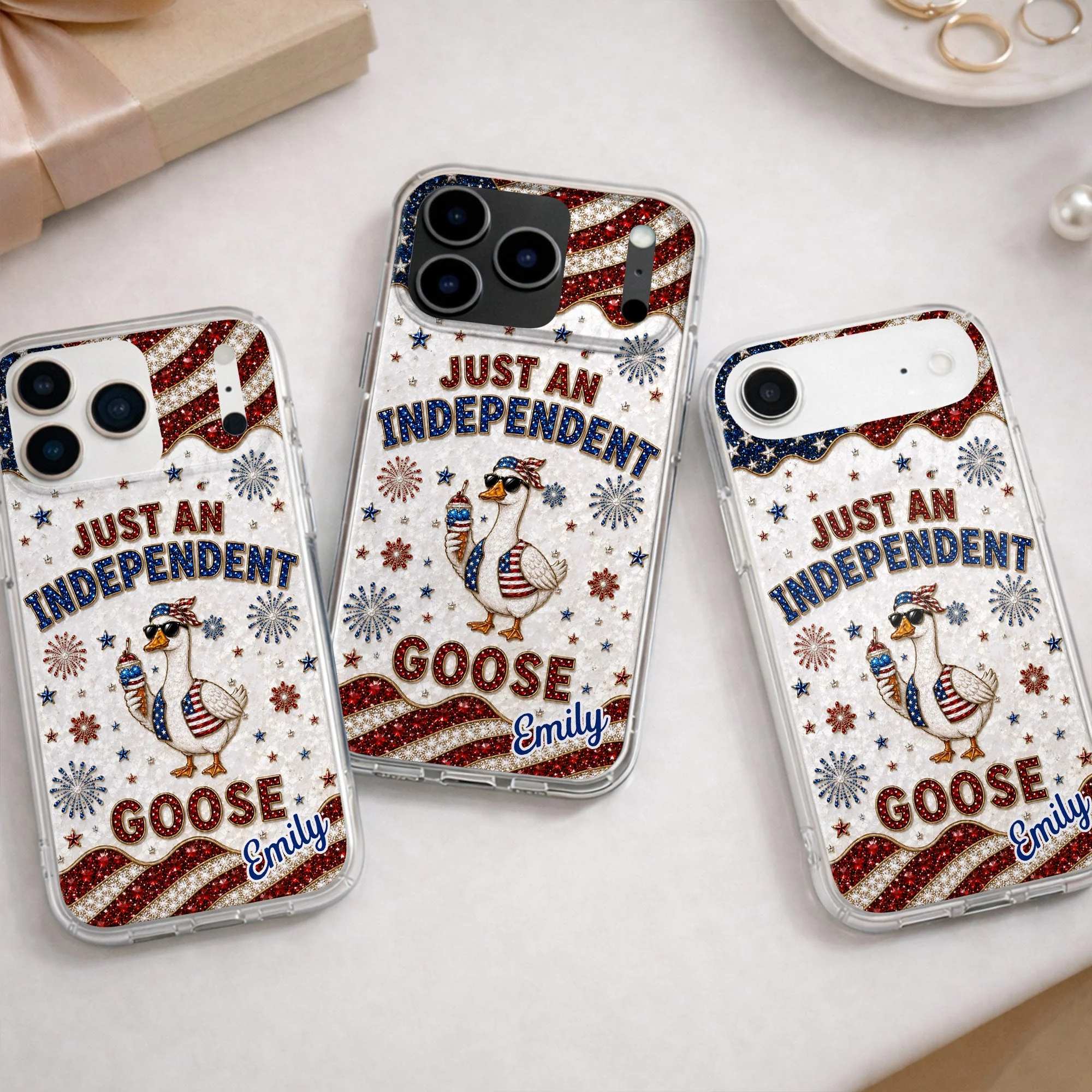 Rhinestone Just An Independent  Cute Patriotic Goose With American Flag And Fireworks - Personalized Bling Phone Case - Gift For Patriots - Image 11
