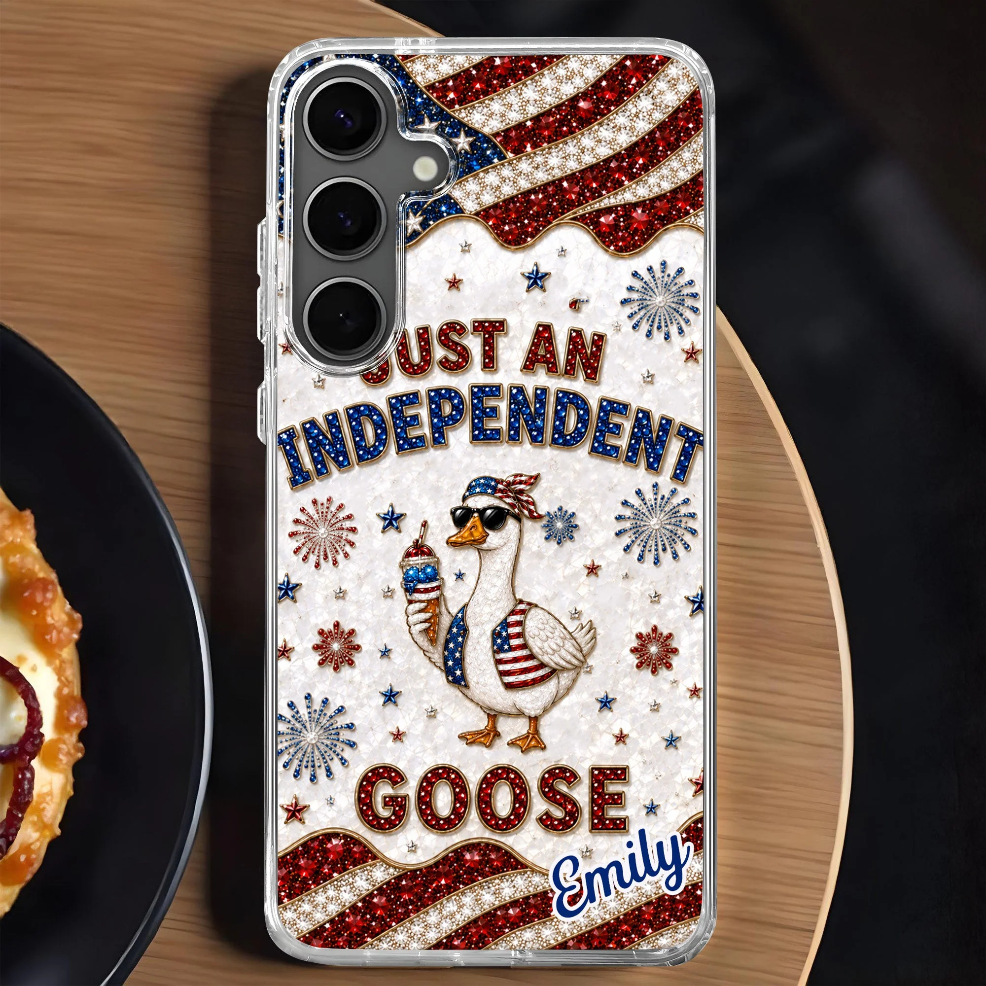 Rhinestone Just An Independent  Cute Patriotic Goose With American Flag And Fireworks - Personalized Bling Phone Case - Gift For Patriots - Image 2