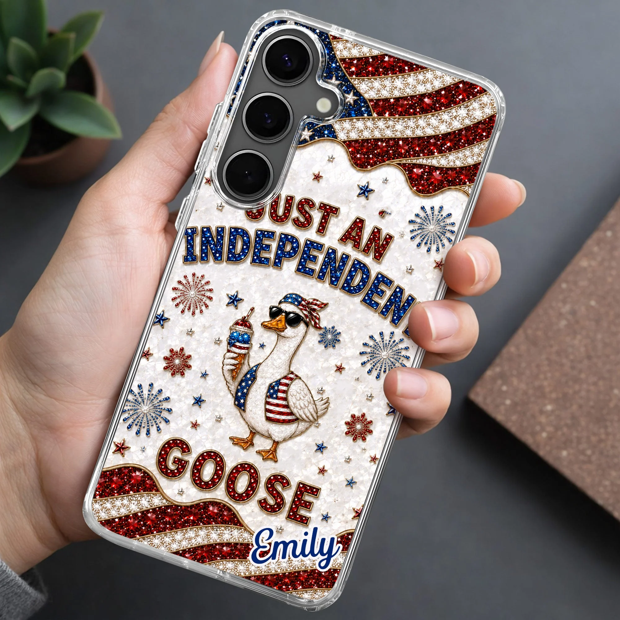 Rhinestone Just An Independent  Cute Patriotic Goose With American Flag And Fireworks - Personalized Bling Phone Case - Gift For Patriots - Image 3