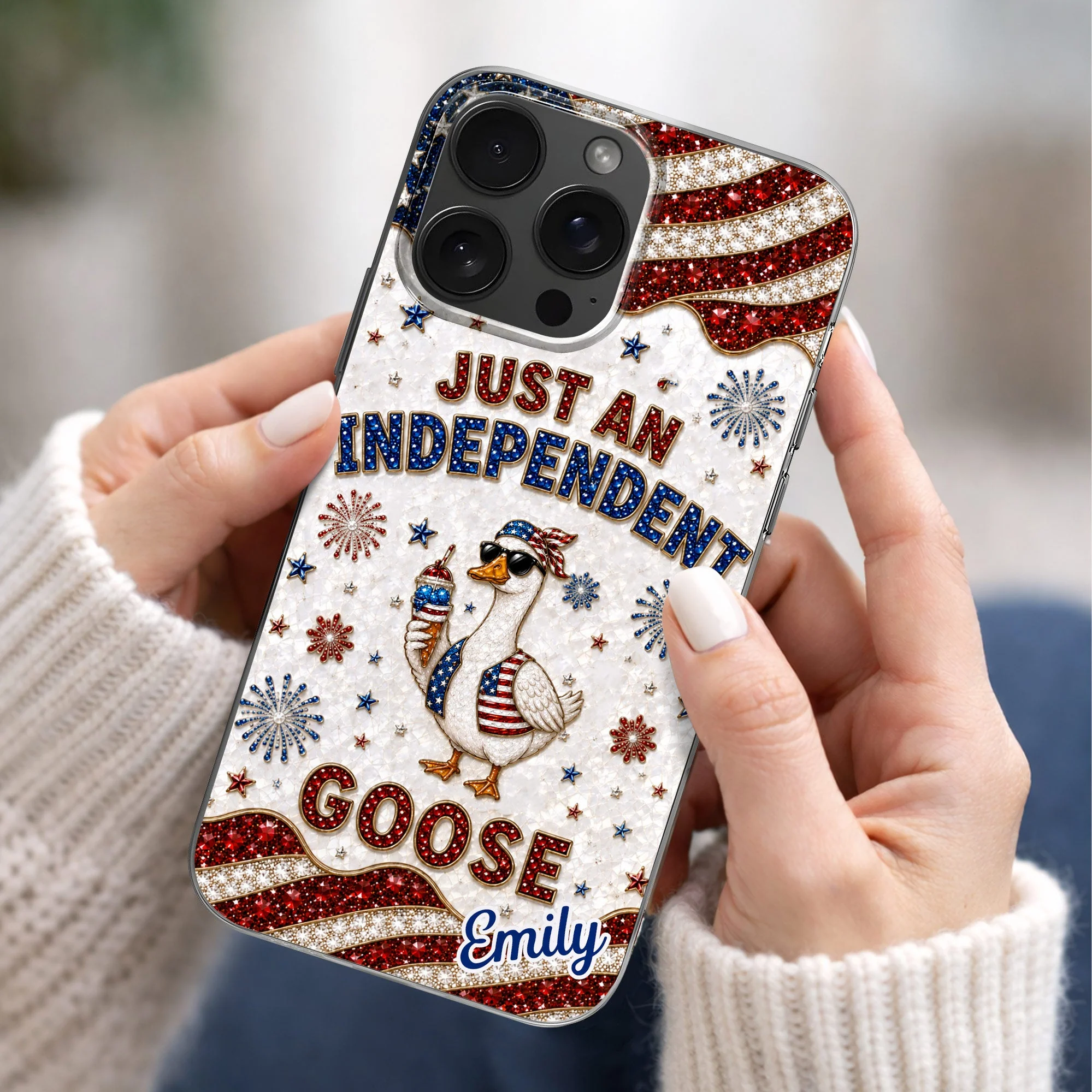 Rhinestone Just An Independent  Cute Patriotic Goose With American Flag And Fireworks - Personalized Bling Phone Case - Gift For Patriots - Image 5