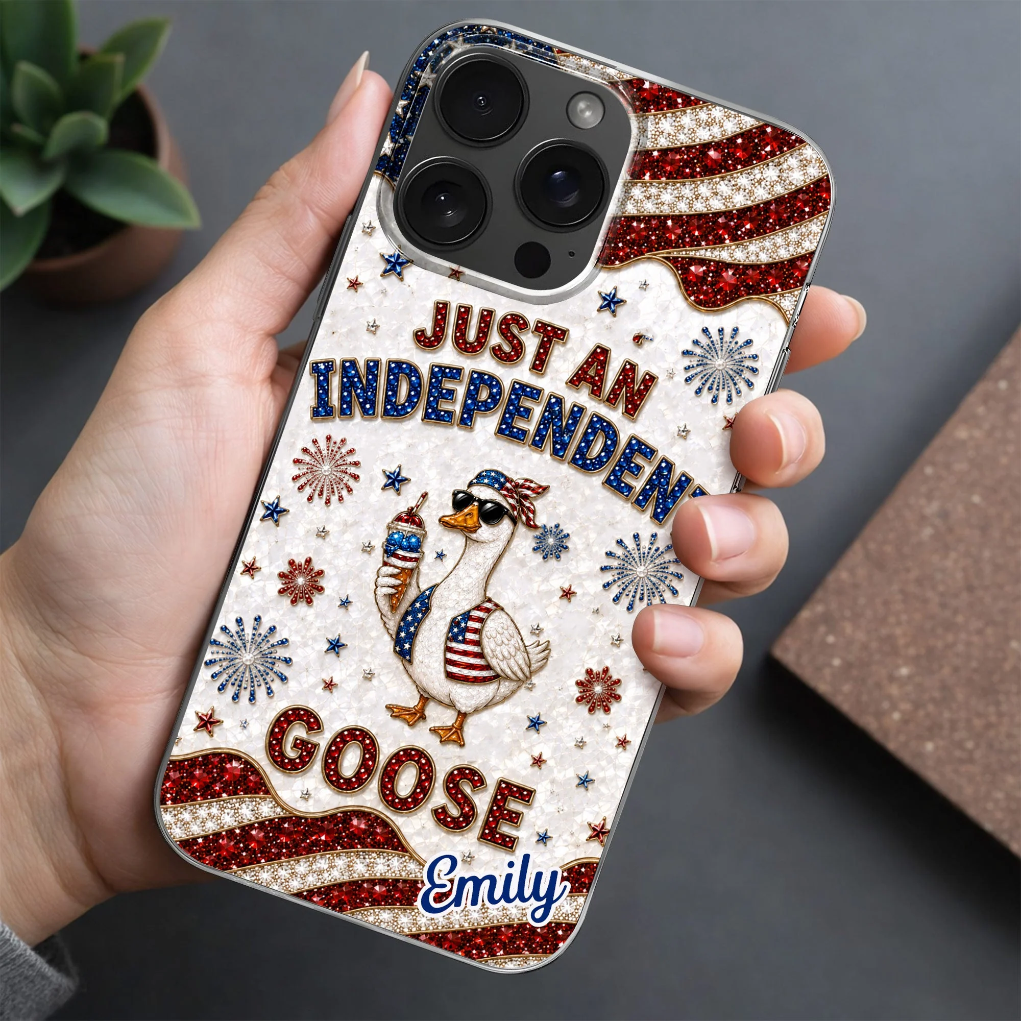 Rhinestone Just An Independent  Cute Patriotic Goose With American Flag And Fireworks - Personalized Bling Phone Case - Gift For Patriots - Image 8