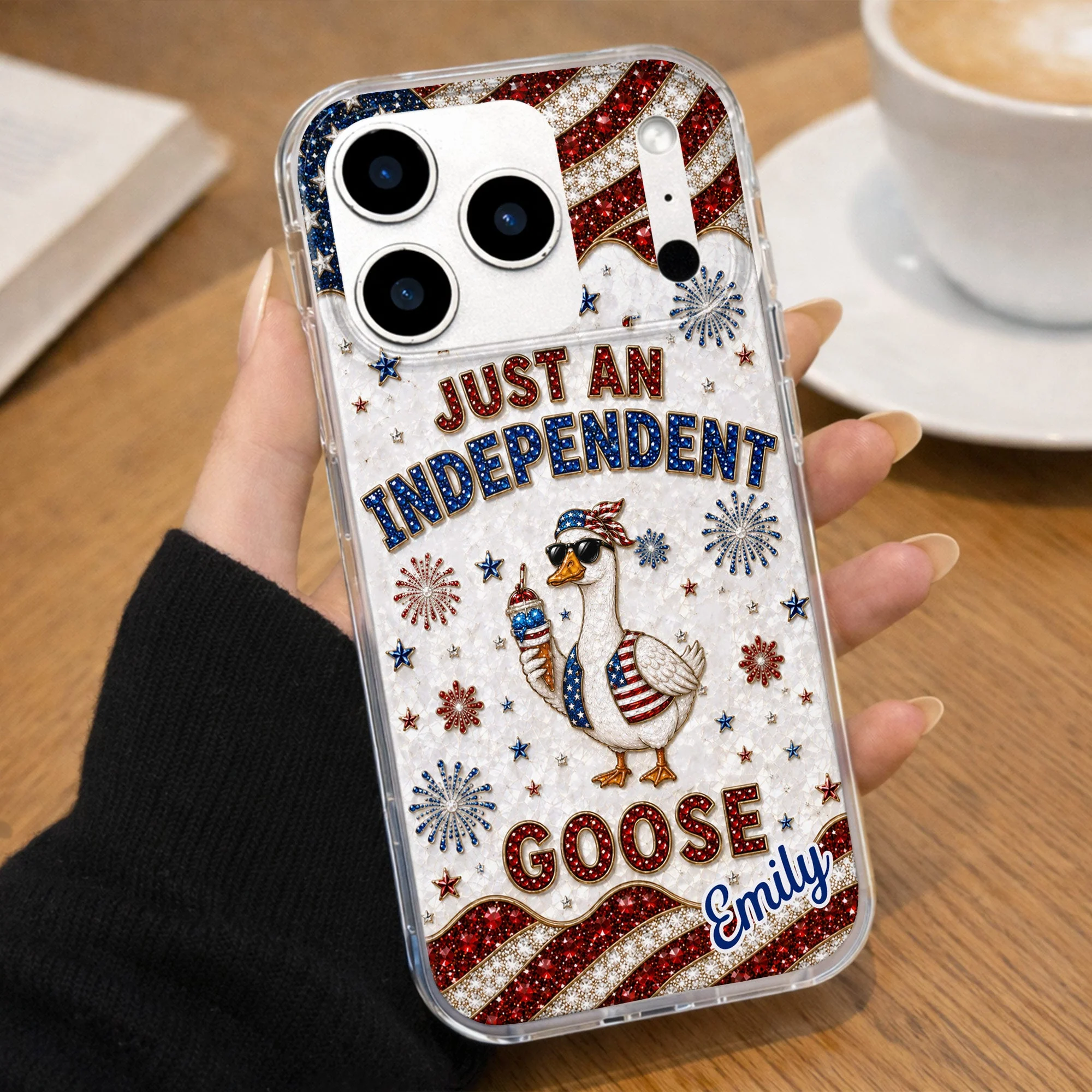 Rhinestone Just An Independent  Cute Patriotic Goose With American Flag And Fireworks - Personalized Bling Phone Case - Gift For Patriots - Image 9